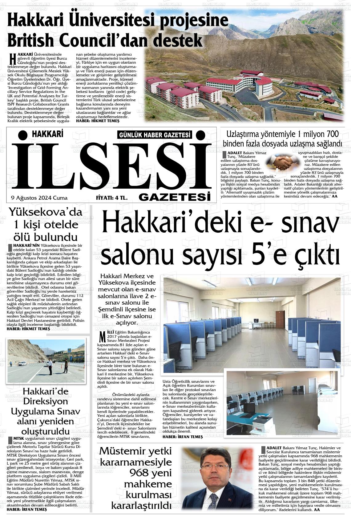 09 Ağustos 2024 Hakkari İl Sesi Gazete Manşeti