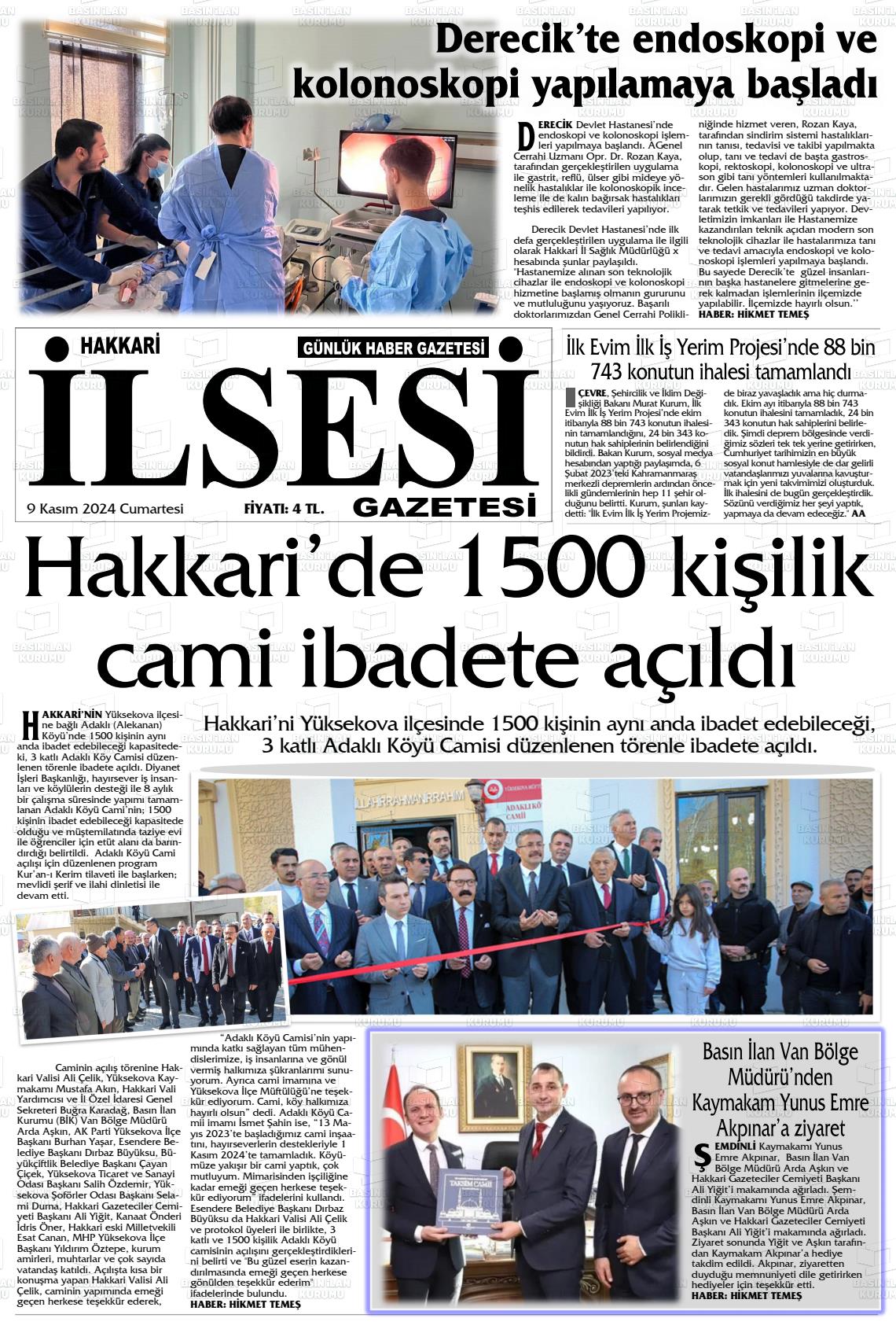 09 Kasım 2024 Hakkari İl Sesi Gazete Manşeti