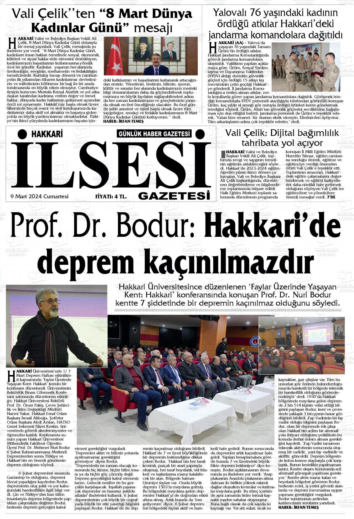 09 Mart 2024 Hakkari İl Sesi Gazete Manşeti