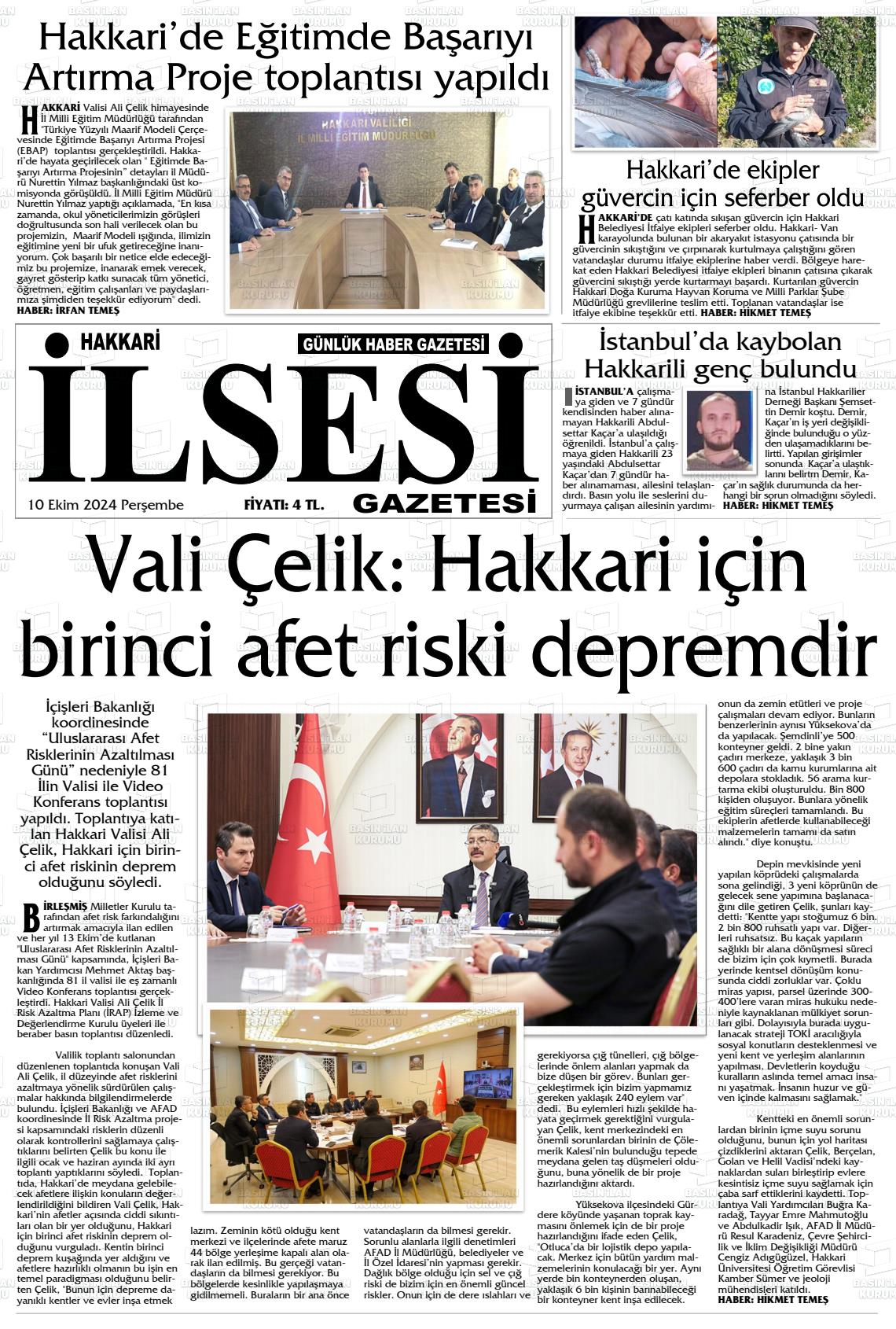 10 Ekim 2024 Hakkari İl Sesi Gazete Manşeti