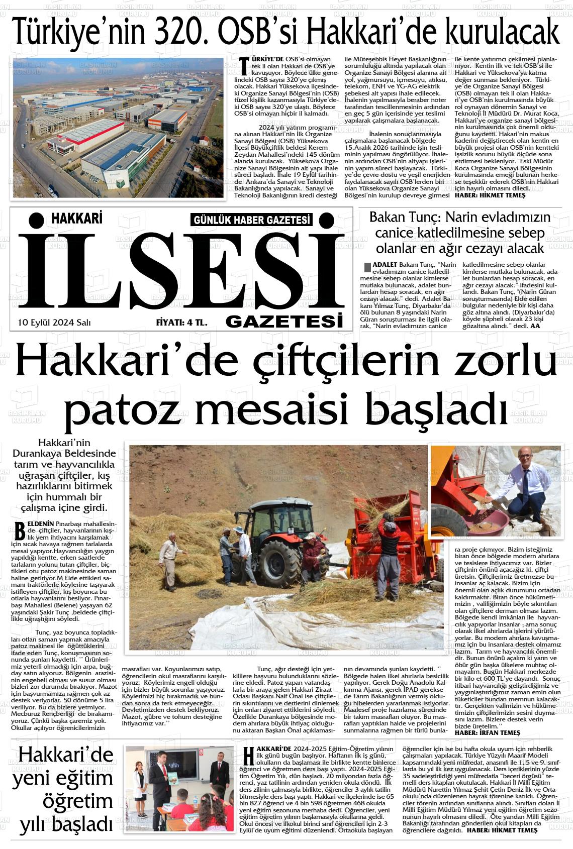 10 Eylül 2024 Hakkari İl Sesi Gazete Manşeti