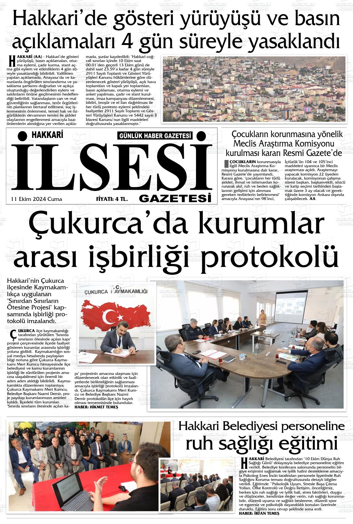 11 Ekim 2024 Hakkari İl Sesi Gazete Manşeti