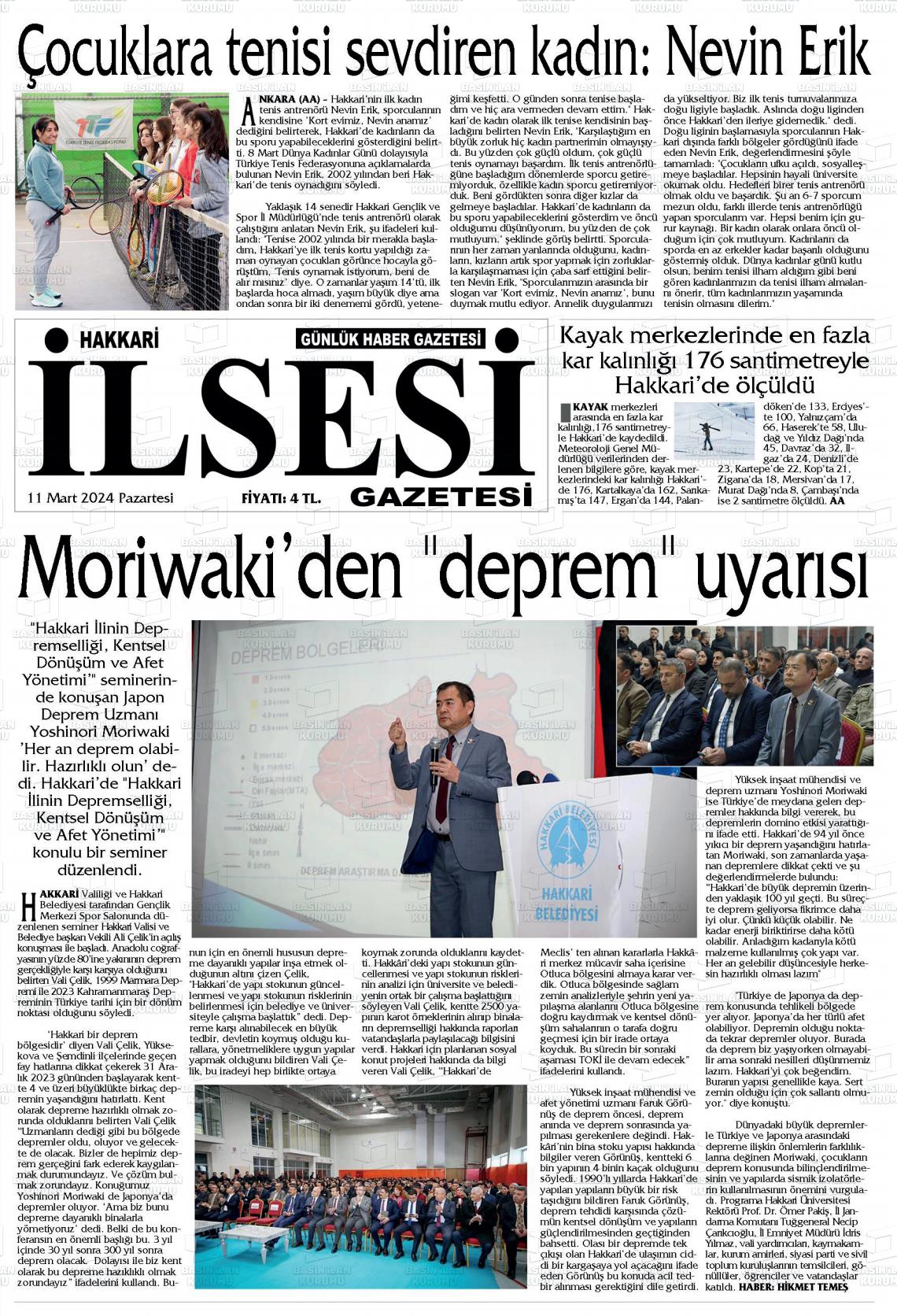 11 Mart 2024 Hakkari İl Sesi Gazete Manşeti