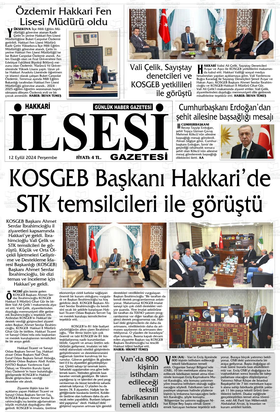 12 Eylül 2024 Hakkari İl Sesi Gazete Manşeti