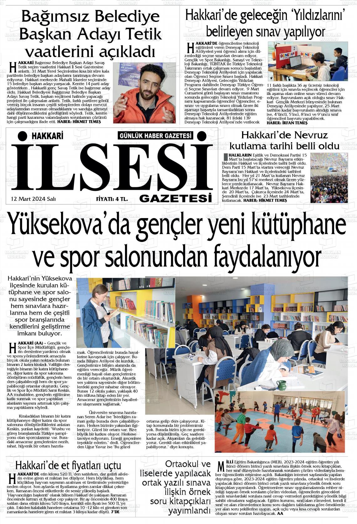 12 Mart 2024 Hakkari İl Sesi Gazete Manşeti