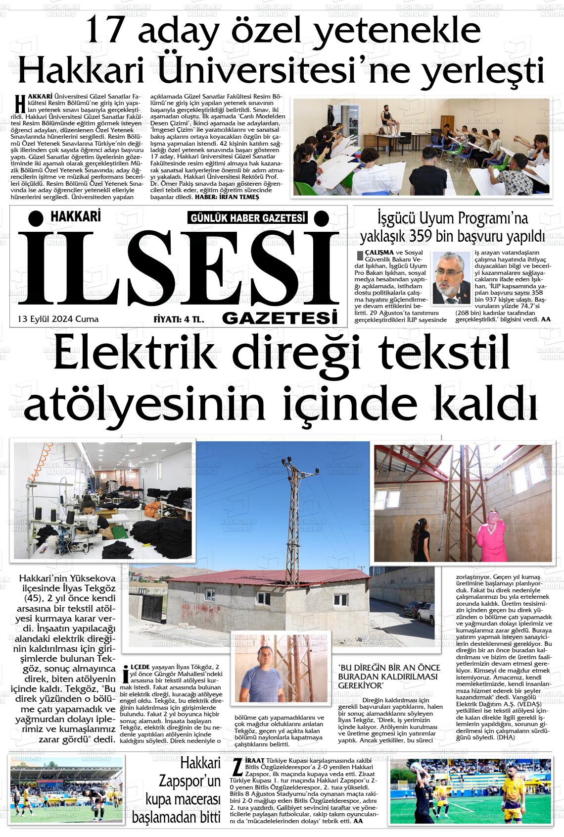 13 Eylül 2024 Hakkari İl Sesi Gazete Manşeti