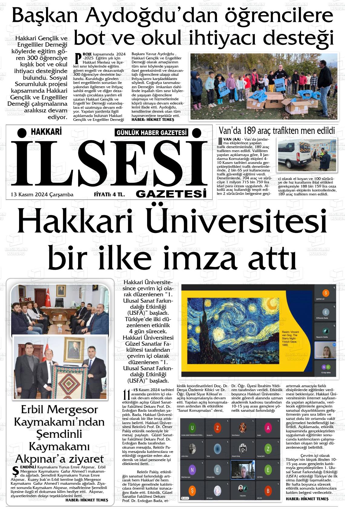 13 Kasım 2024 Hakkari İl Sesi Gazete Manşeti