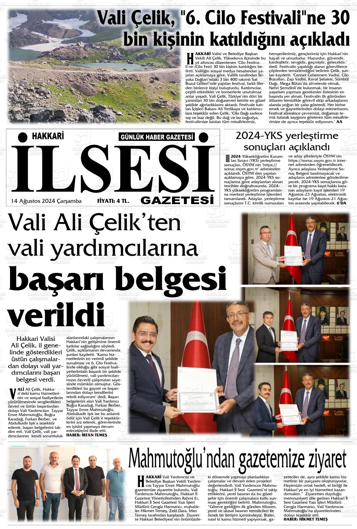 14 Ağustos 2024 Hakkari İl Sesi Gazete Manşeti