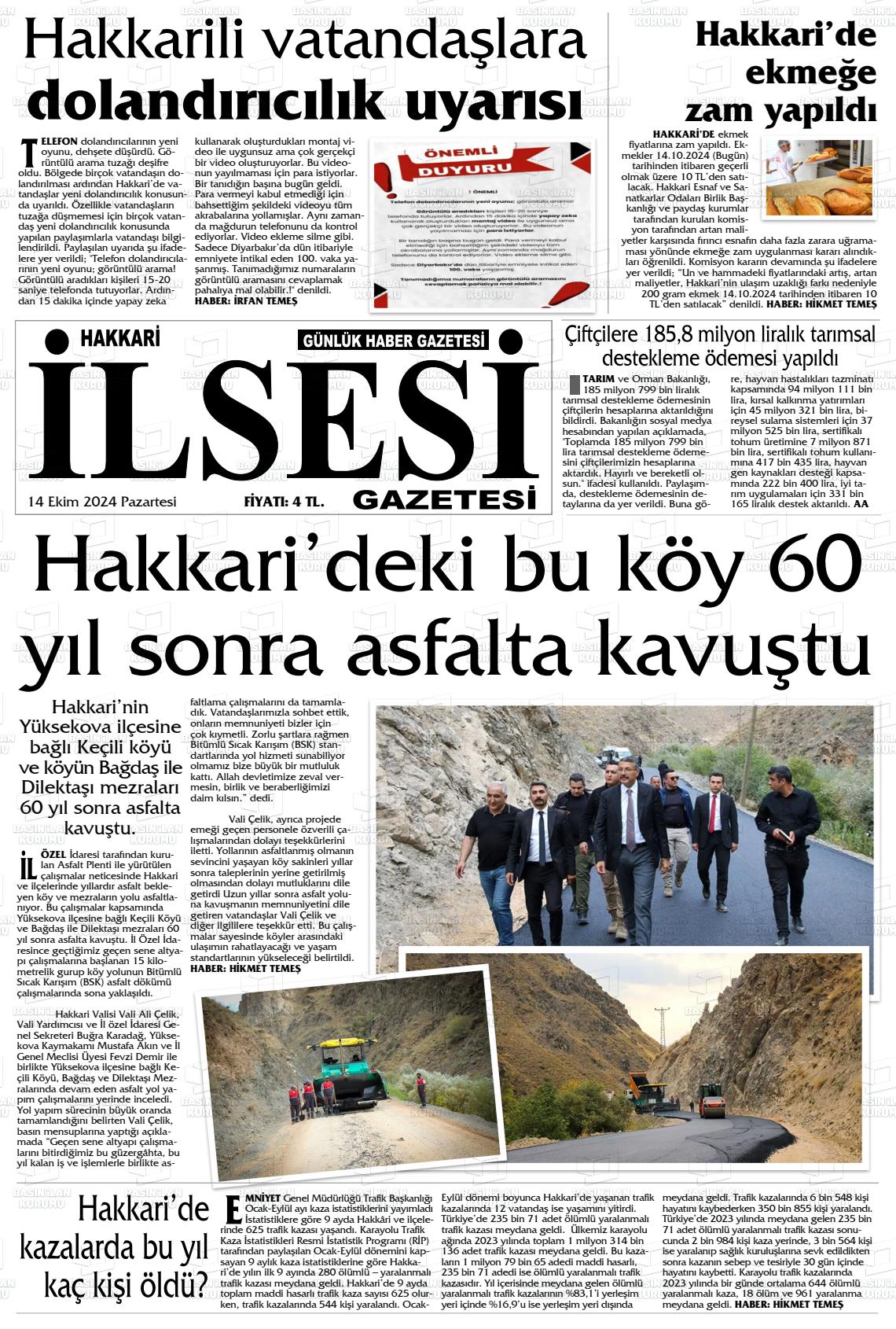 14 Ekim 2024 Hakkari İl Sesi Gazete Manşeti