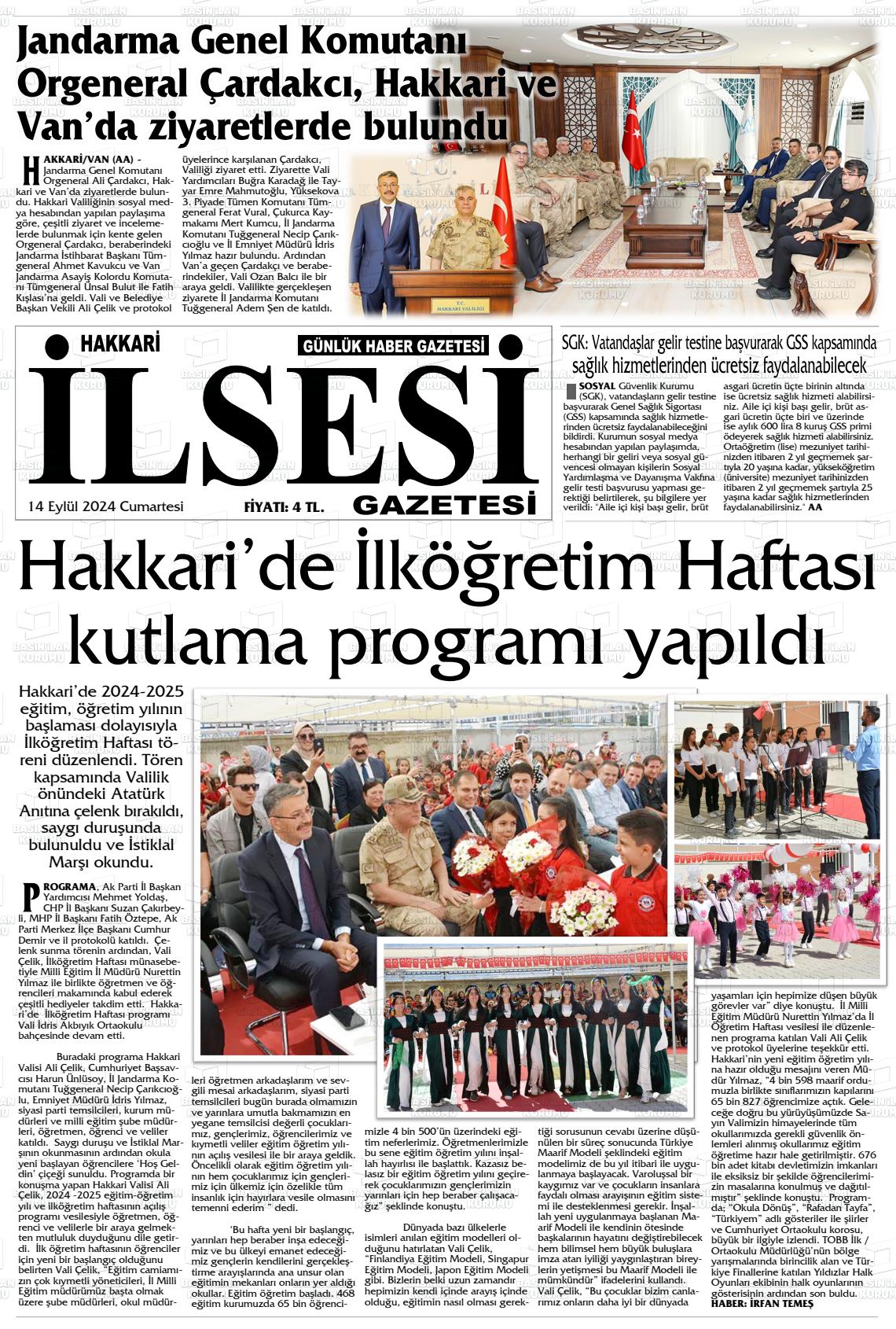 14 Eylül 2024 Hakkari İl Sesi Gazete Manşeti