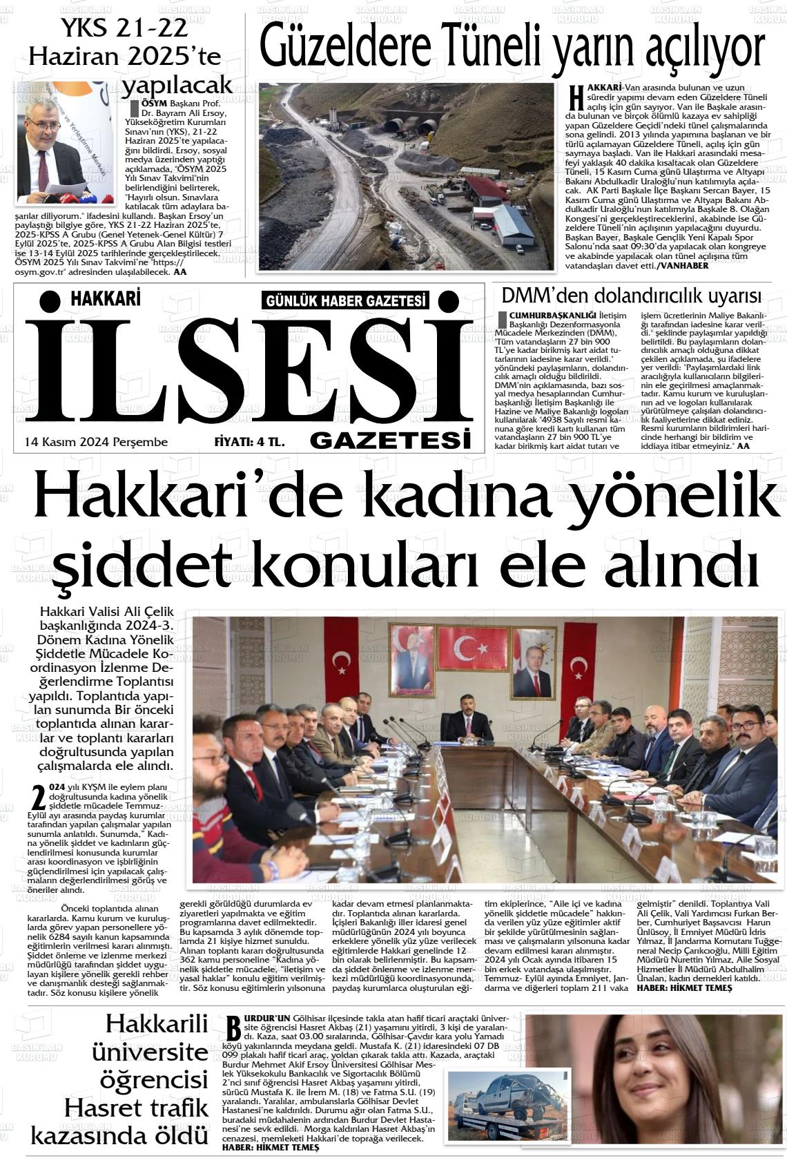 14 Kasım 2024 Hakkari İl Sesi Gazete Manşeti