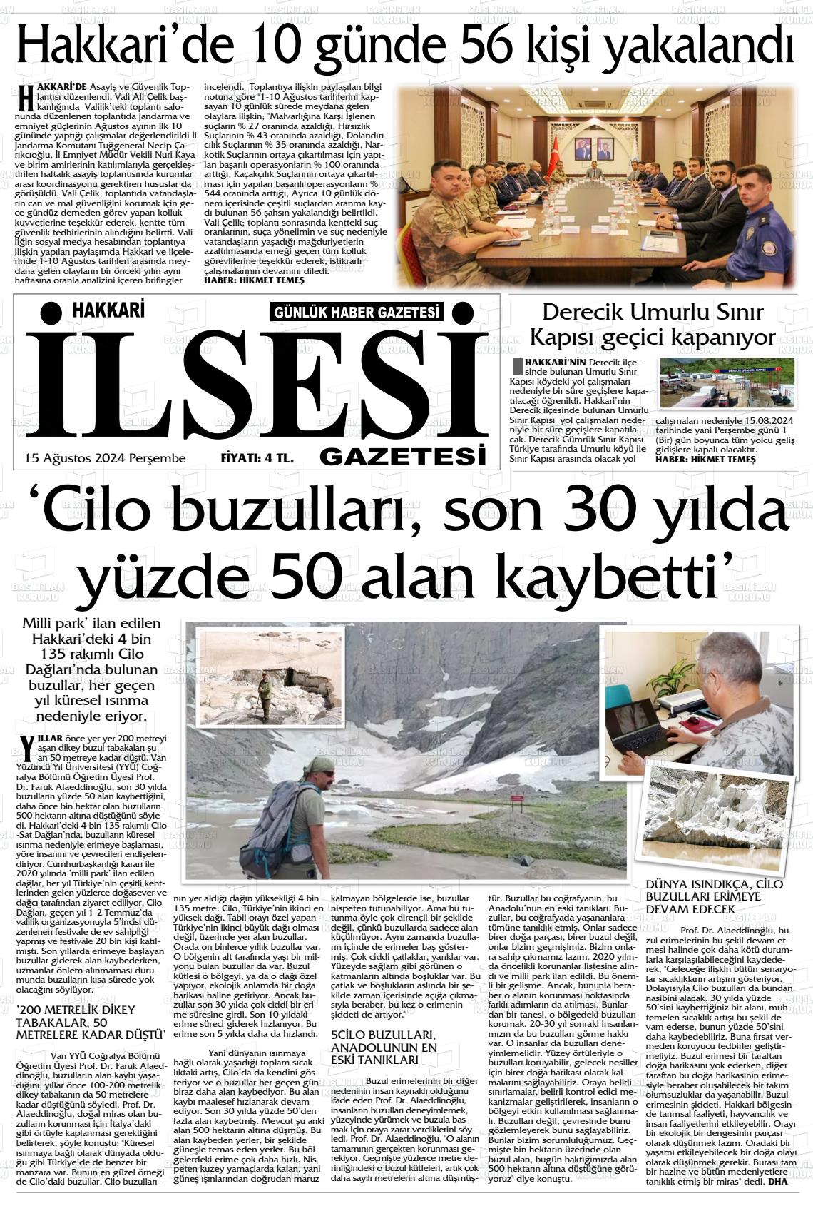 15 Ağustos 2024 Hakkari İl Sesi Gazete Manşeti