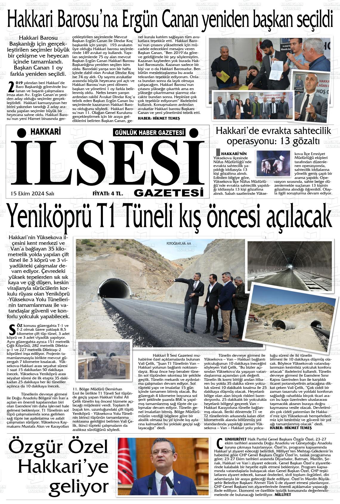 15 Ekim 2024 Hakkari İl Sesi Gazete Manşeti