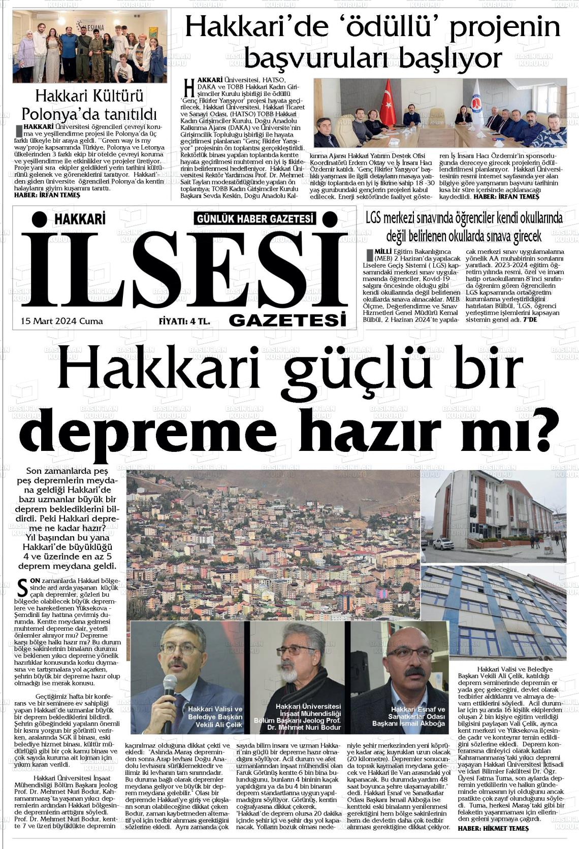 15 Mart 2024 Hakkari İl Sesi Gazete Manşeti