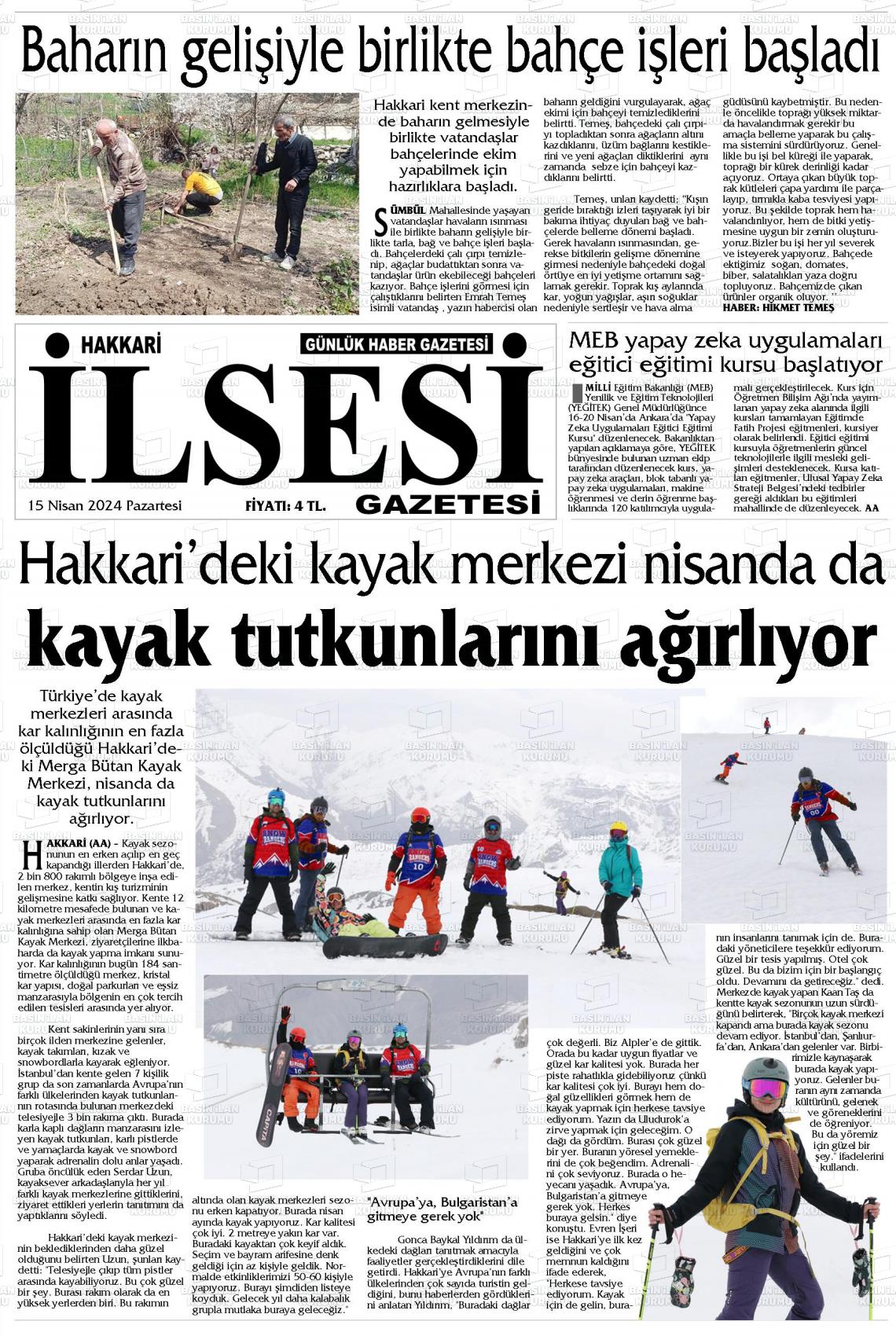 15 Nisan 2024 Hakkari İl Sesi Gazete Manşeti