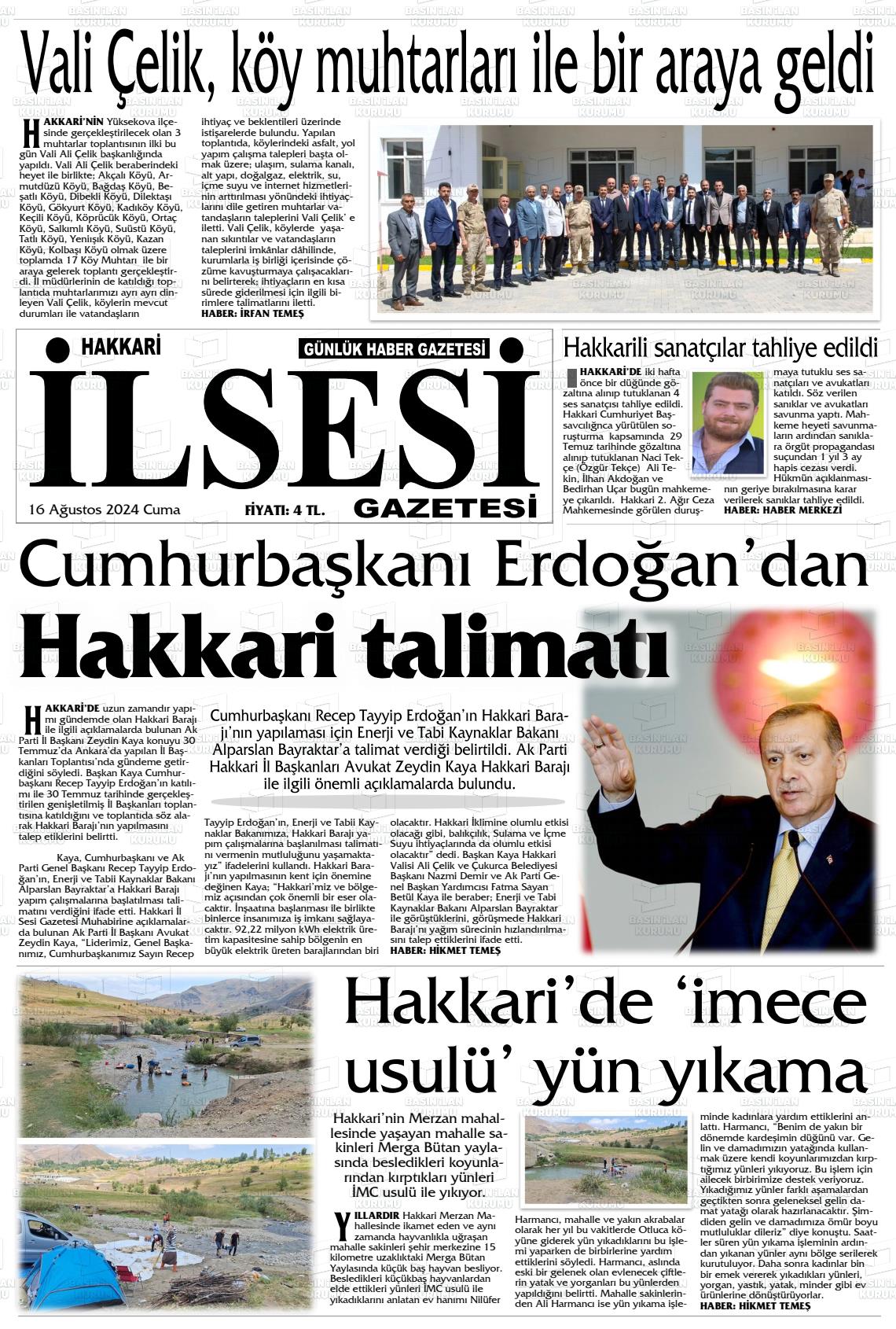 16 Ağustos 2024 Hakkari İl Sesi Gazete Manşeti