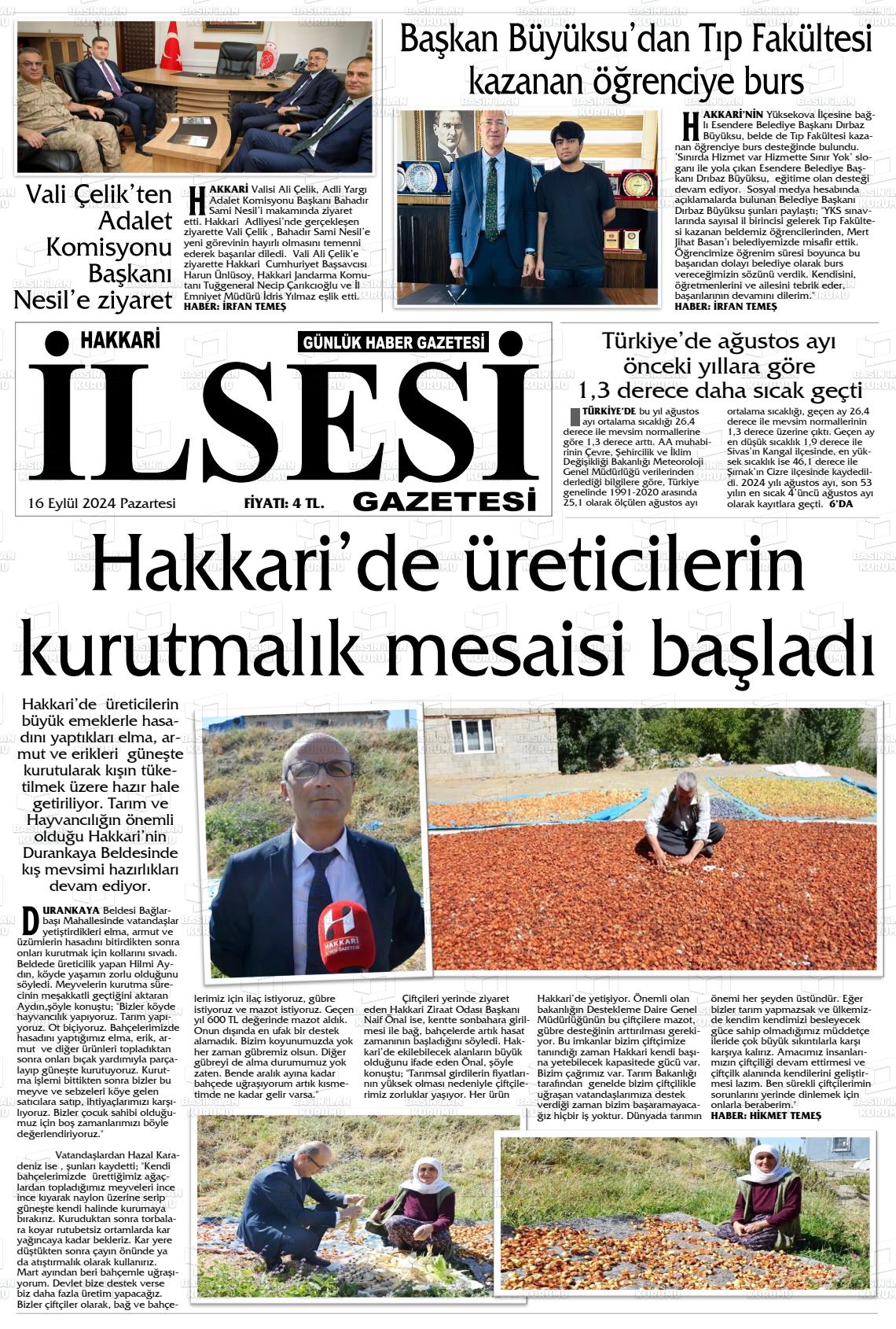 16 Eylül 2024 Hakkari İl Sesi Gazete Manşeti