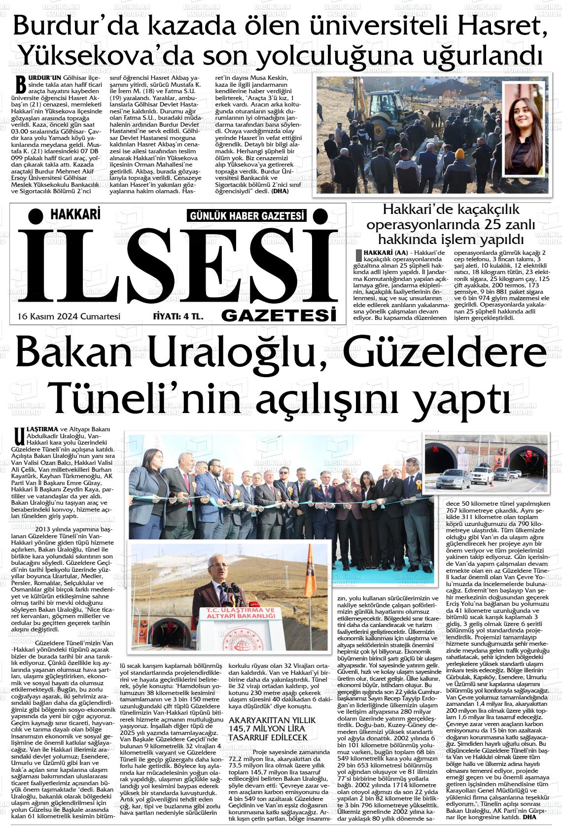 16 Kasım 2024 Hakkari İl Sesi Gazete Manşeti