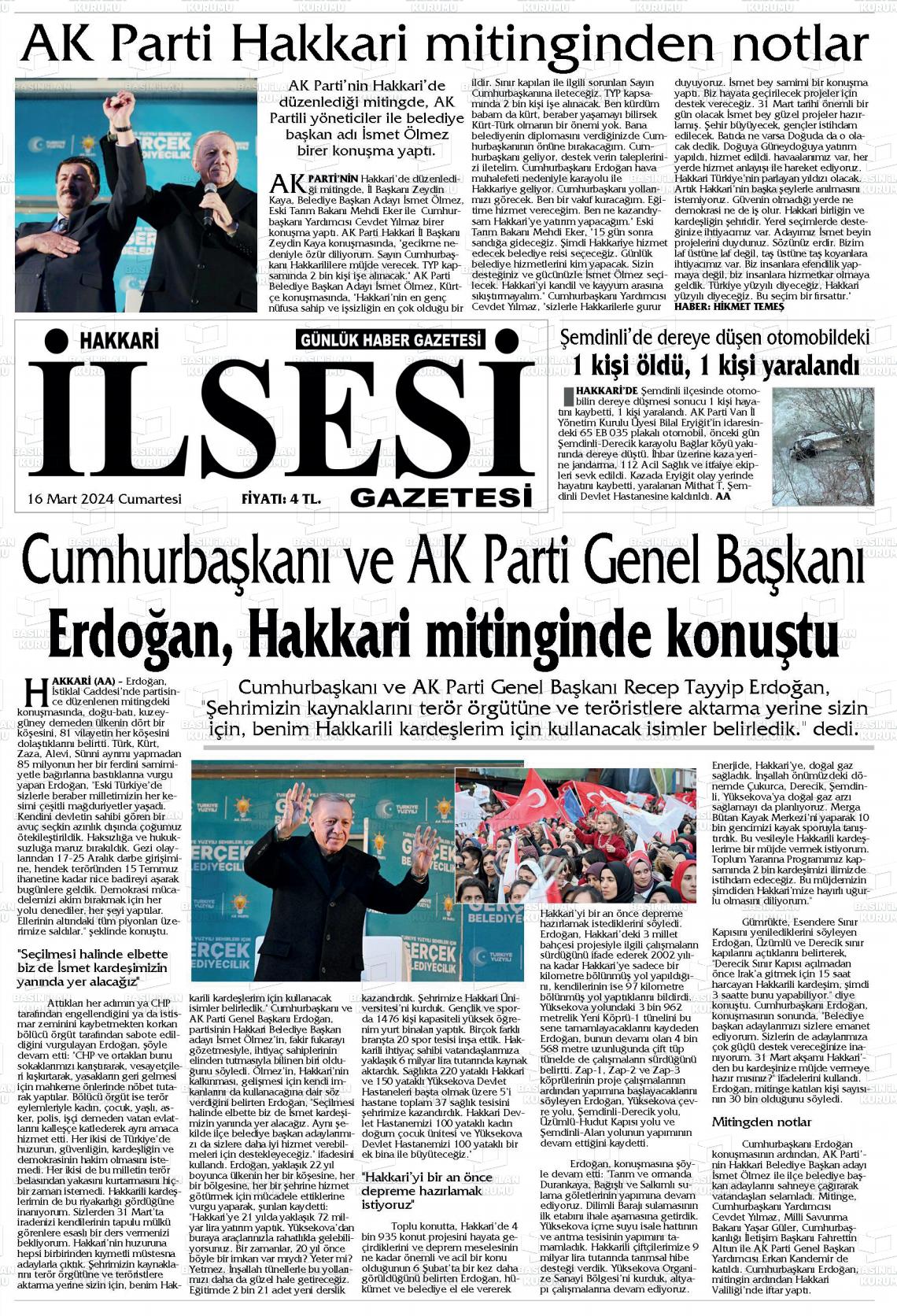 16 Mart 2024 Hakkari İl Sesi Gazete Manşeti