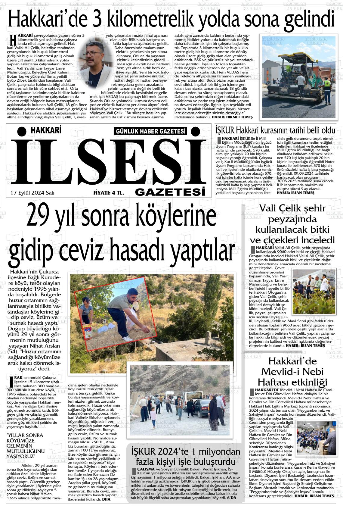 17 Eylül 2024 Hakkari İl Sesi Gazete Manşeti