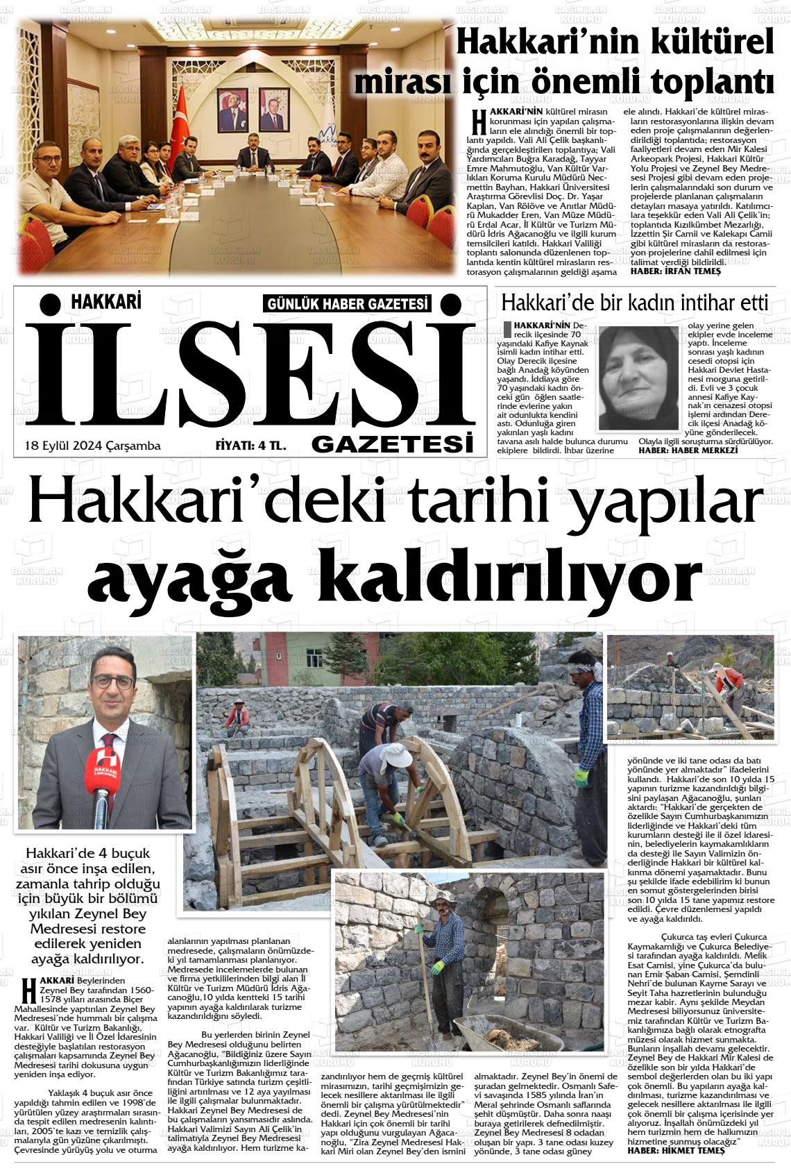 18 Eylül 2024 Hakkari İl Sesi Gazete Manşeti