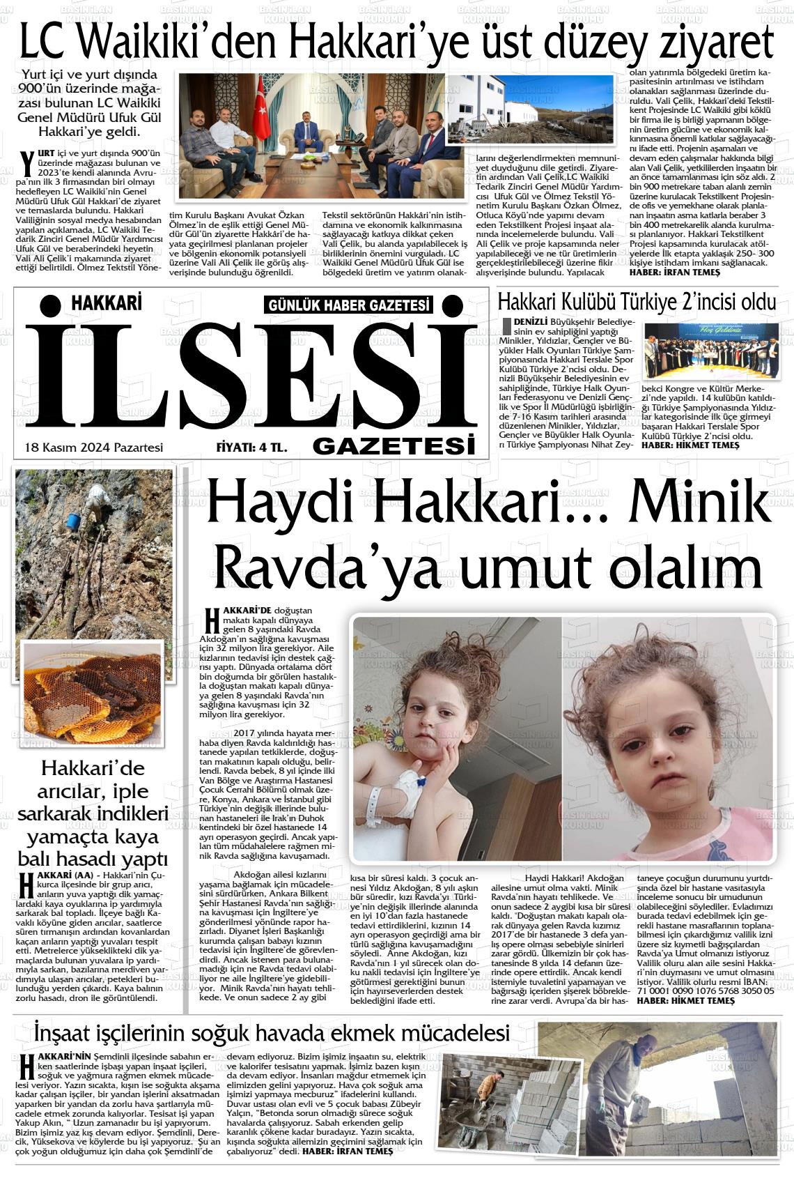 18 Kasım 2024 Hakkari İl Sesi Gazete Manşeti