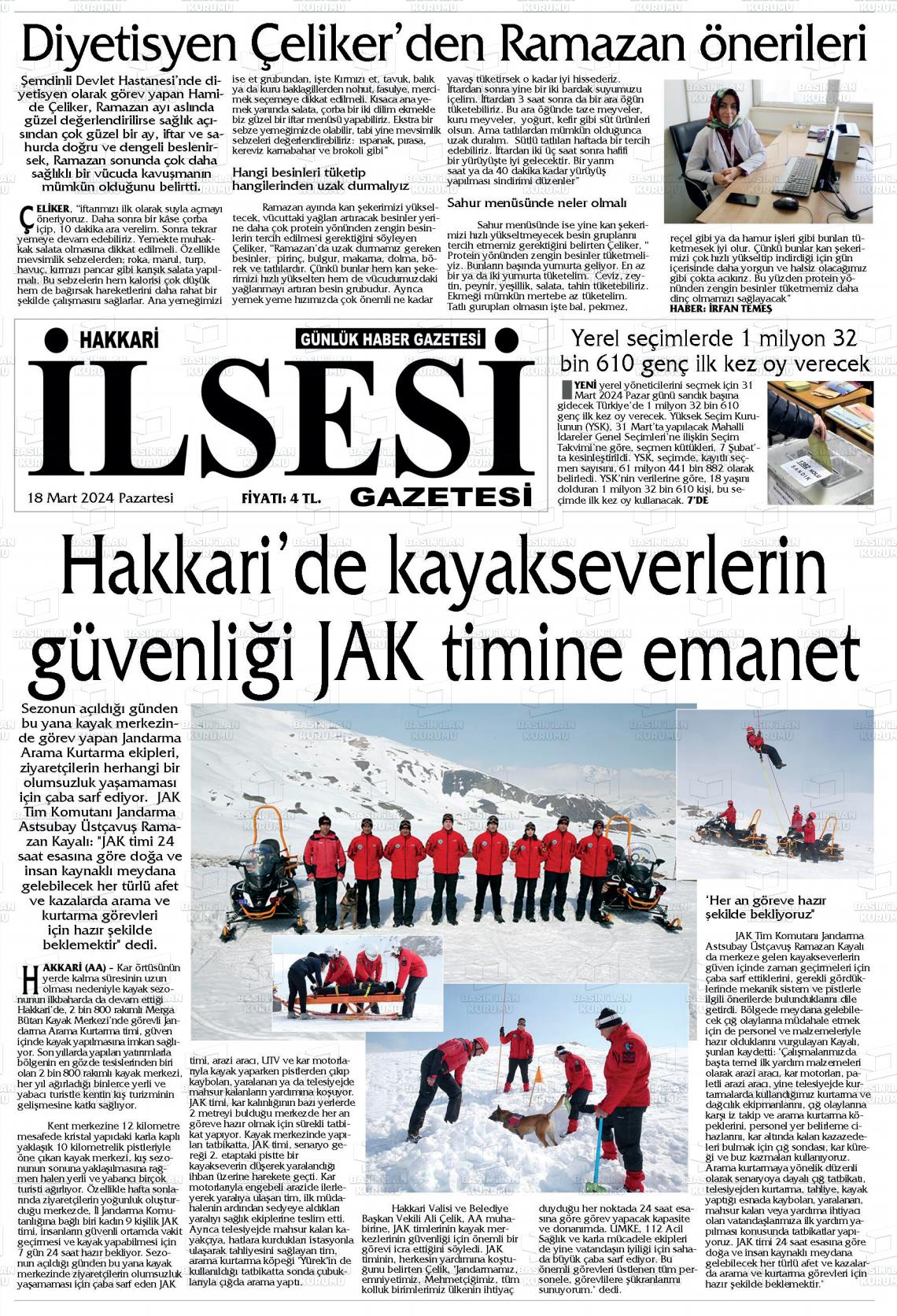 18 Mart 2024 Hakkari İl Sesi Gazete Manşeti