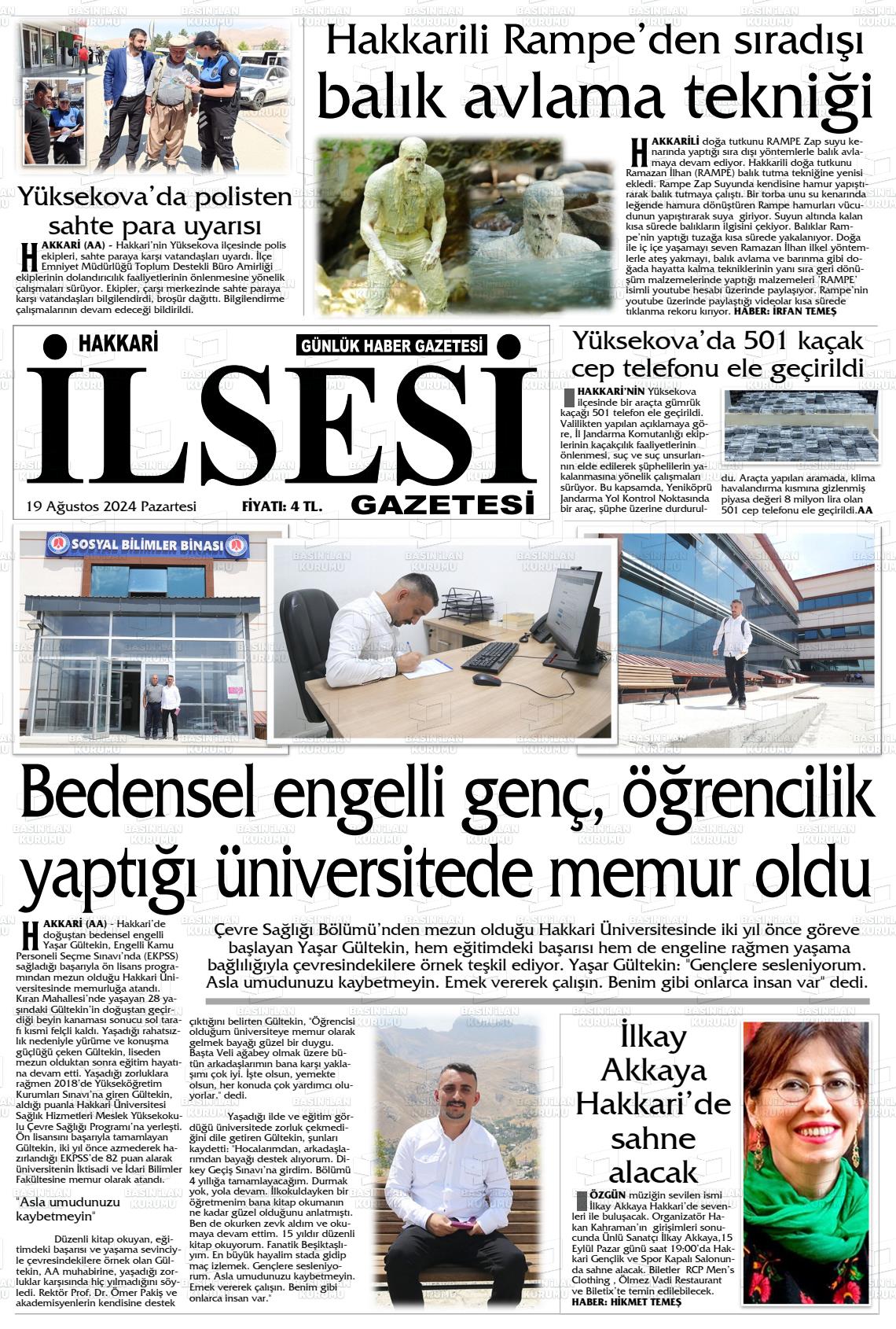 19 Ağustos 2024 Hakkari İl Sesi Gazete Manşeti