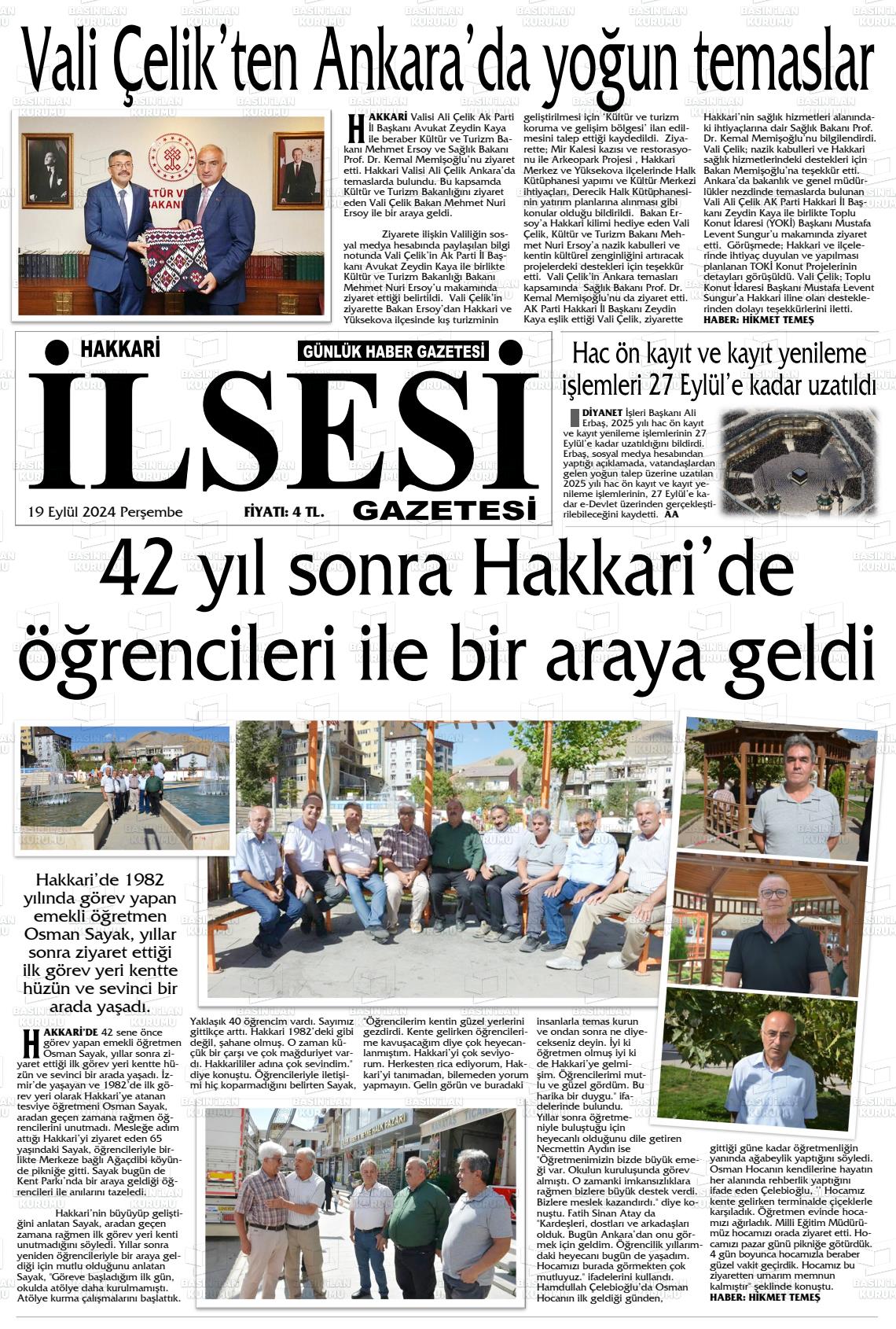 19 Eylül 2024 Hakkari İl Sesi Gazete Manşeti