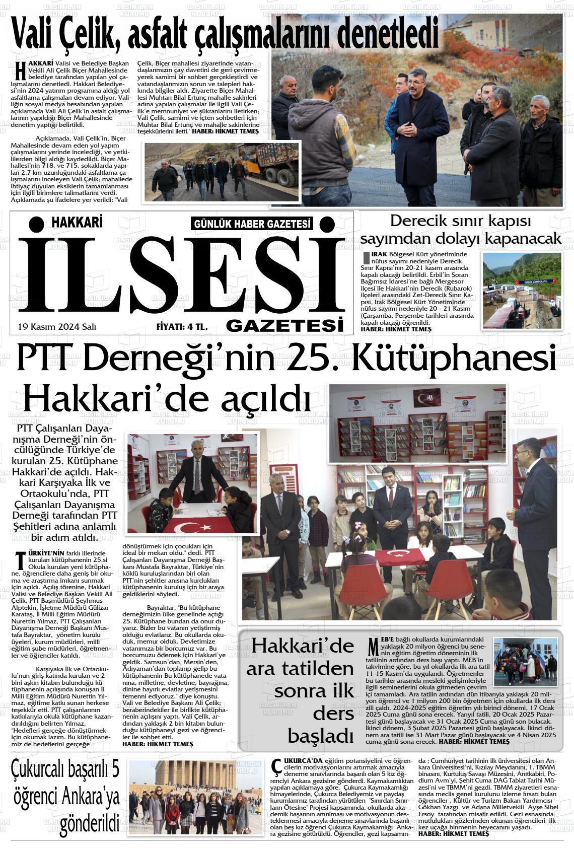 19 Kasım 2024 Hakkari İl Sesi Gazete Manşeti