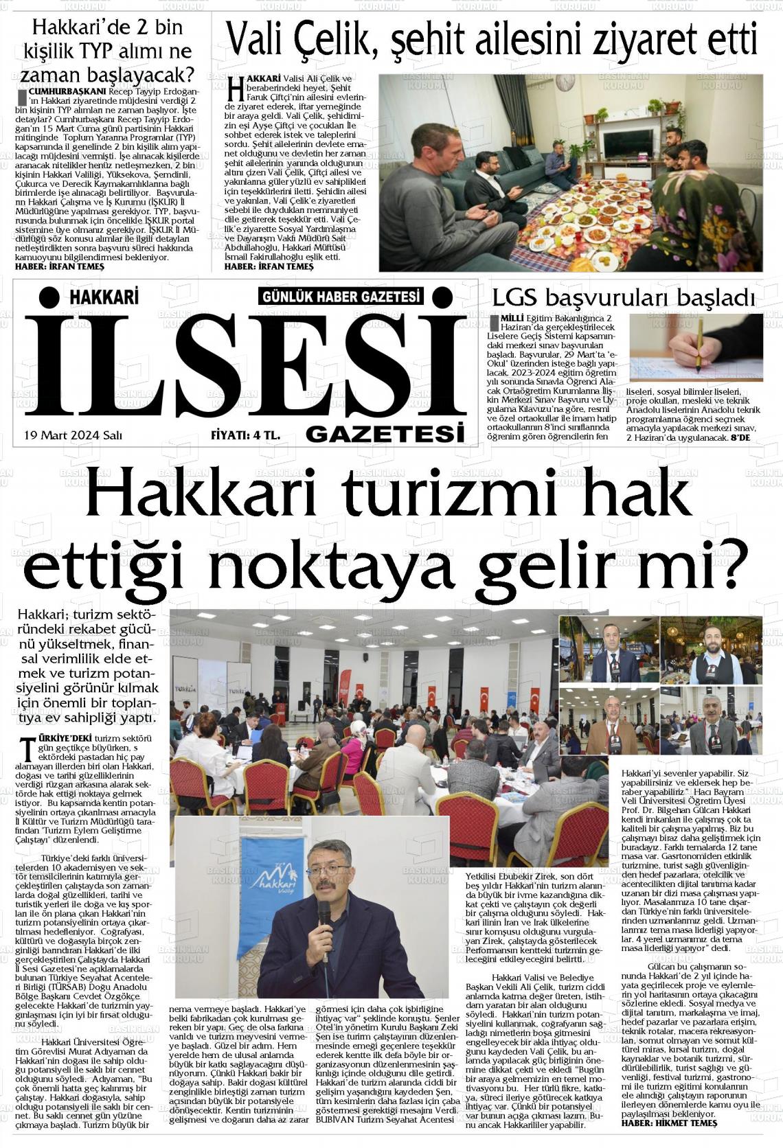 19 Mart 2024 Hakkari İl Sesi Gazete Manşeti