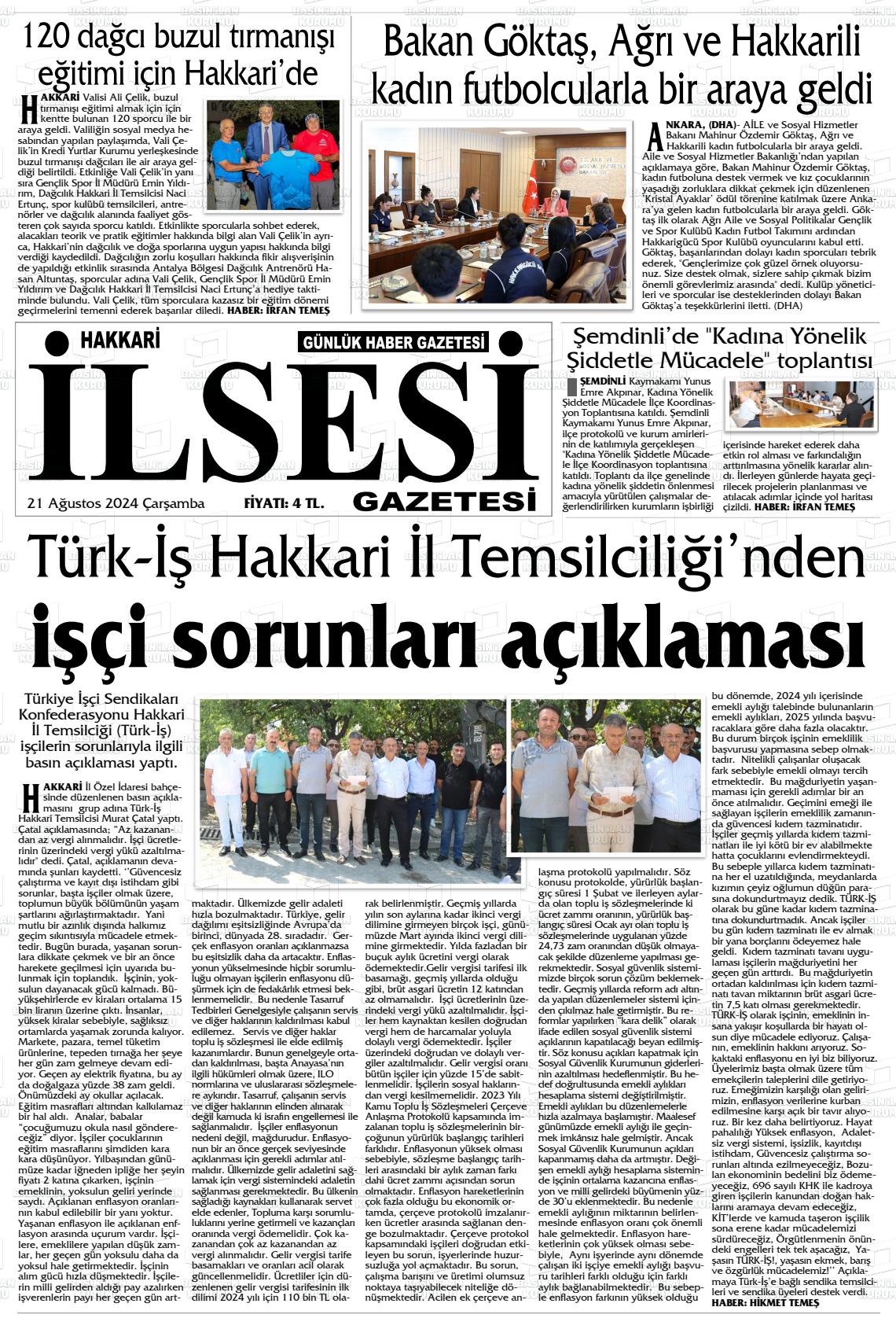 21 Ağustos 2024 Hakkari İl Sesi Gazete Manşeti