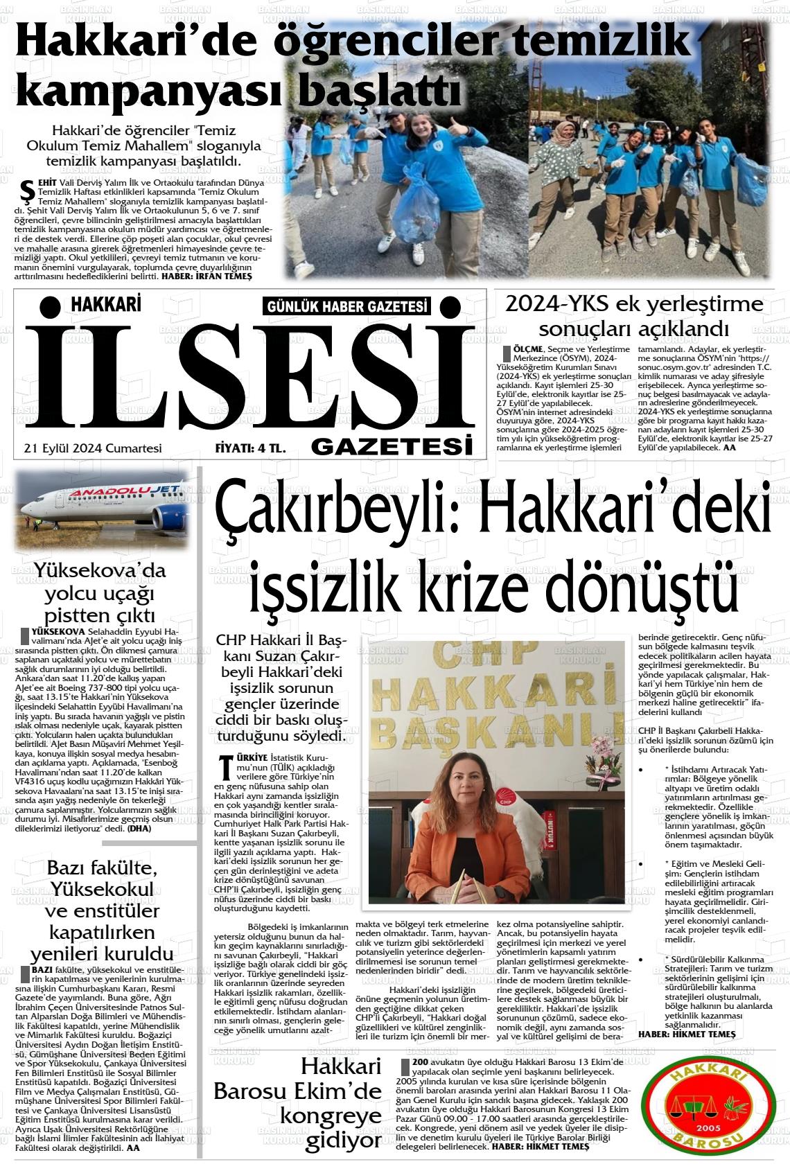 21 Eylül 2024 Hakkari İl Sesi Gazete Manşeti