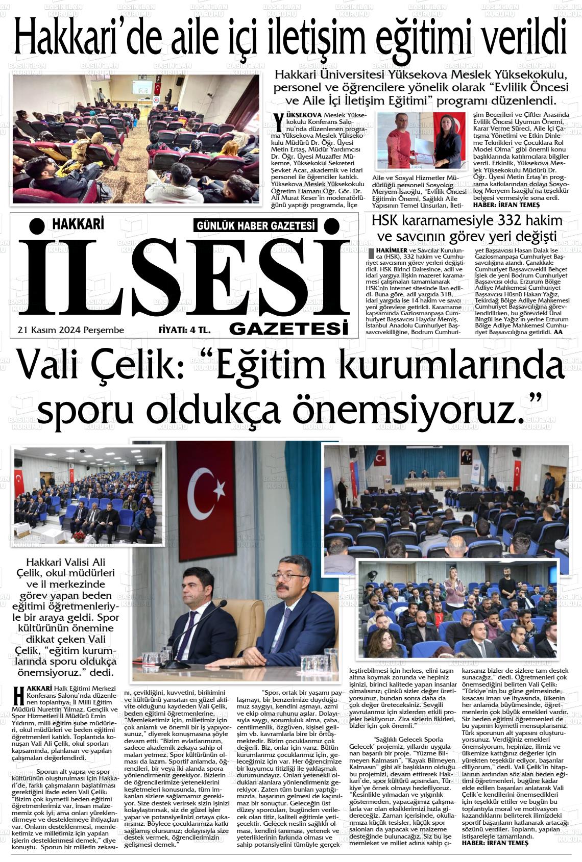 21 Kasım 2024 Hakkari İl Sesi Gazete Manşeti