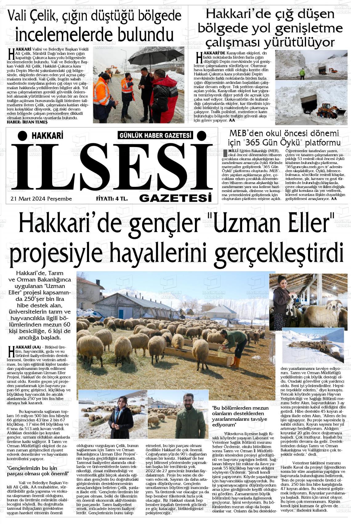 21 Mart 2024 Hakkari İl Sesi Gazete Manşeti