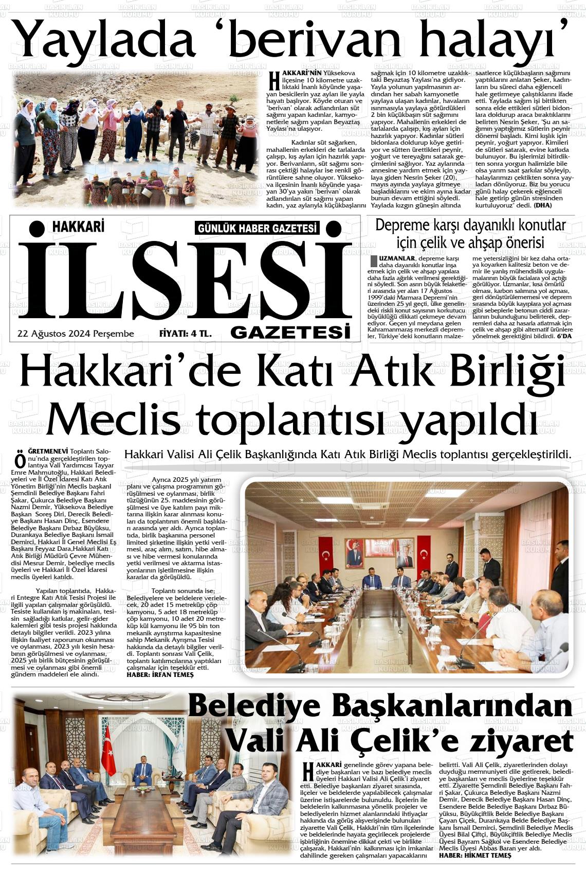 22 Ağustos 2024 Hakkari İl Sesi Gazete Manşeti