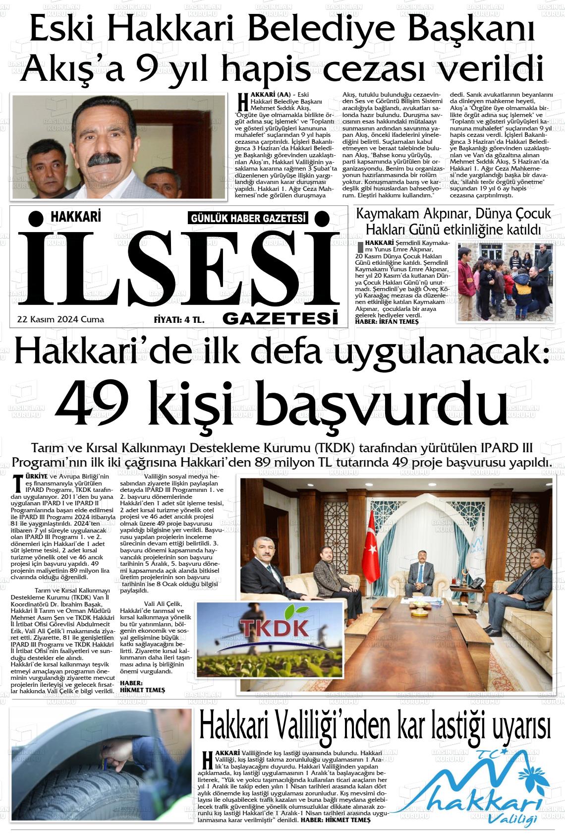 22 Kasım 2024 Hakkari İl Sesi Gazete Manşeti