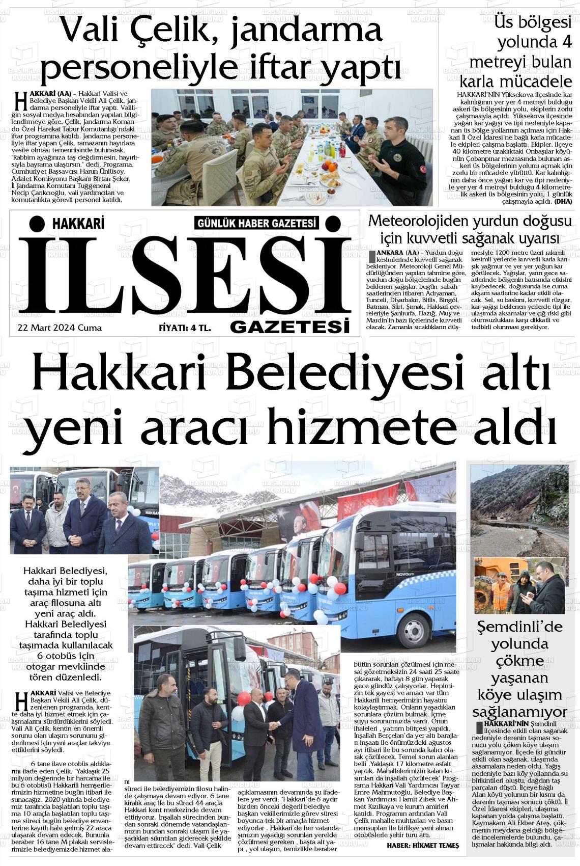 22 Mart 2024 Hakkari İl Sesi Gazete Manşeti