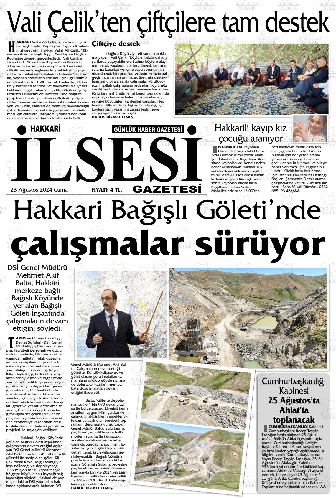 23 Ağustos 2024 Hakkari İl Sesi Gazete Manşeti