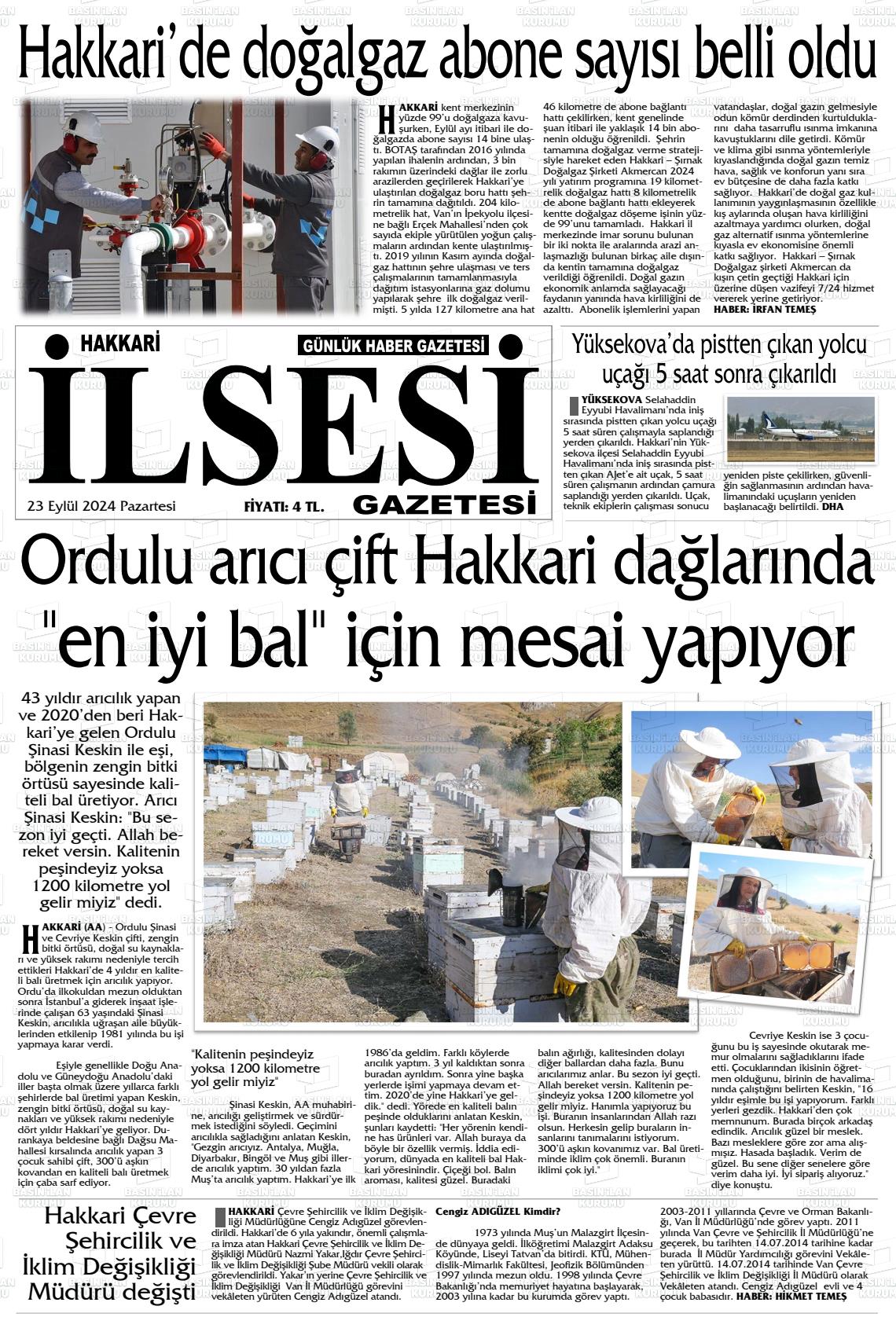 23 Eylül 2024 Hakkari İl Sesi Gazete Manşeti