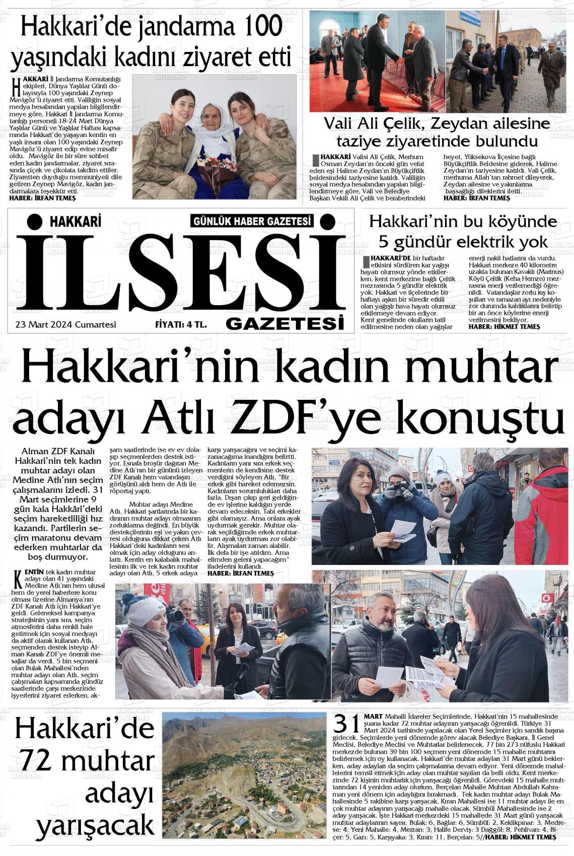 23 Mart 2024 Hakkari İl Sesi Gazete Manşeti