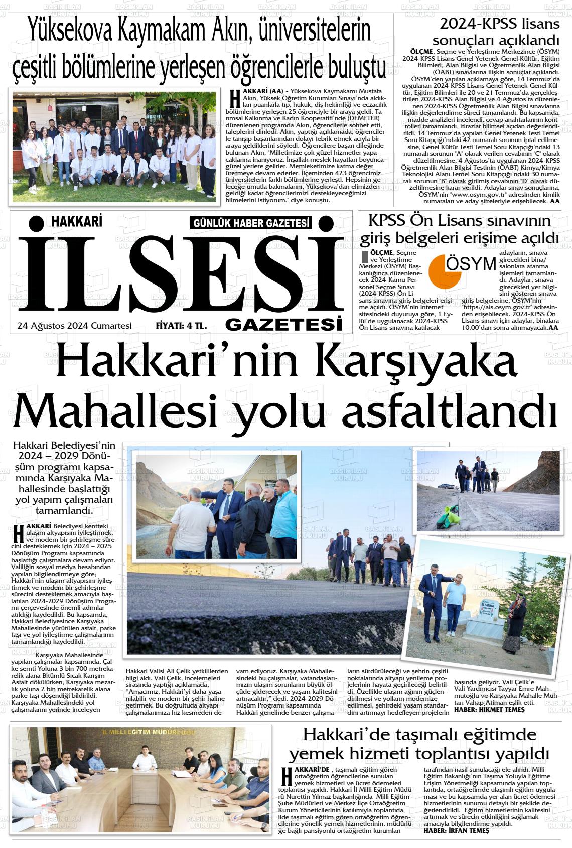 24 Ağustos 2024 Hakkari İl Sesi Gazete Manşeti