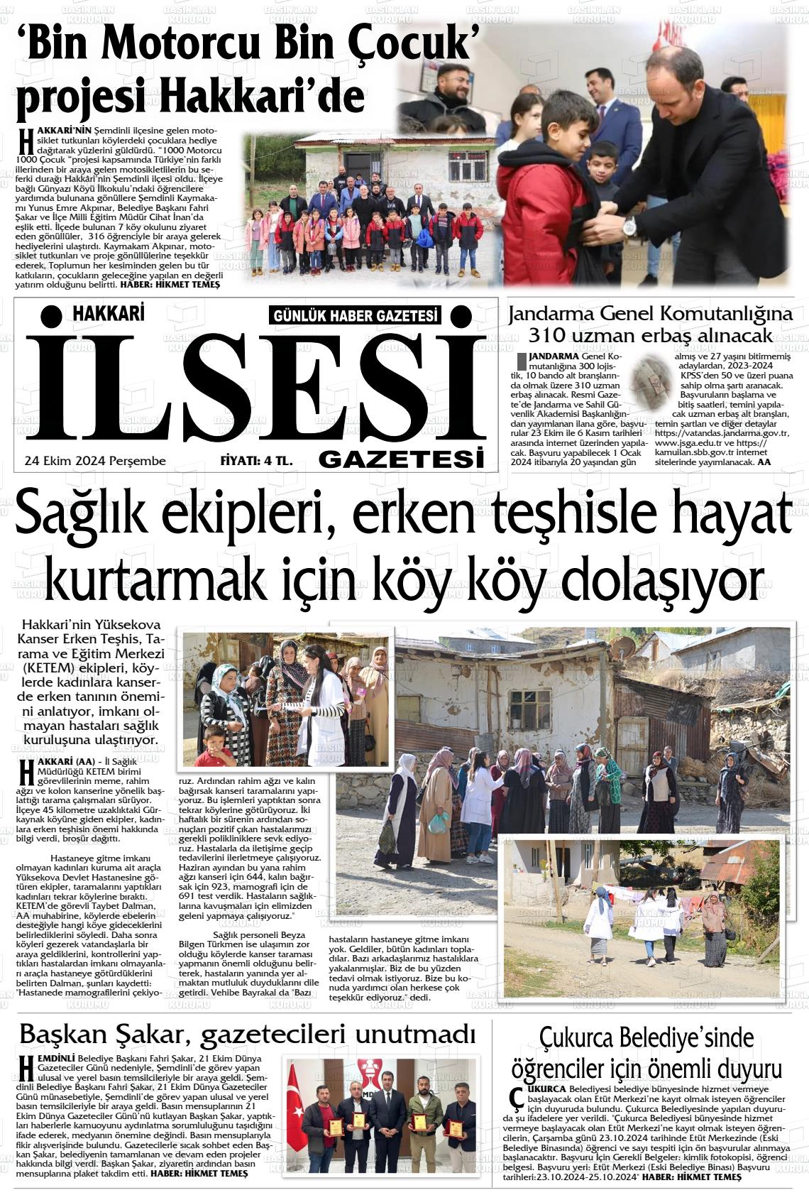 24 Ekim 2024 Hakkari İl Sesi Gazete Manşeti