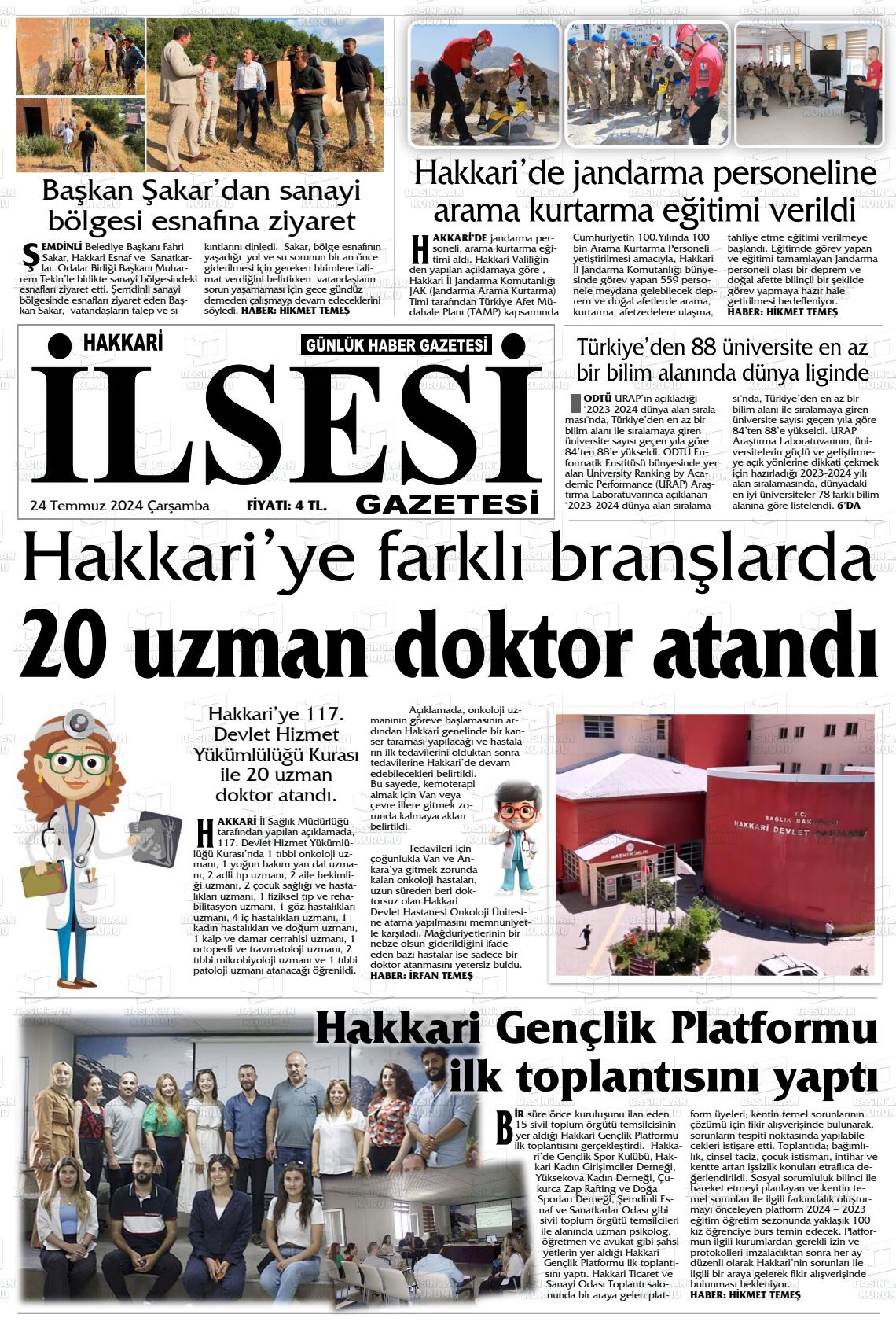 24 Temmuz 2024 Hakkari İl Sesi Gazete Manşeti