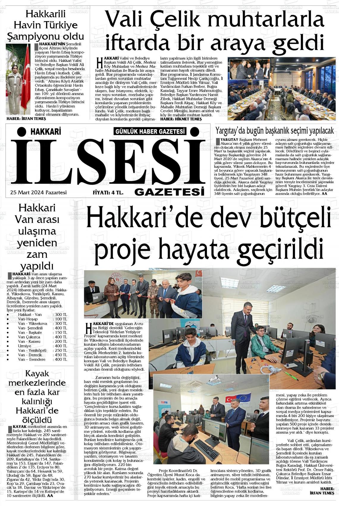 25 Mart 2024 Hakkari İl Sesi Gazete Manşeti