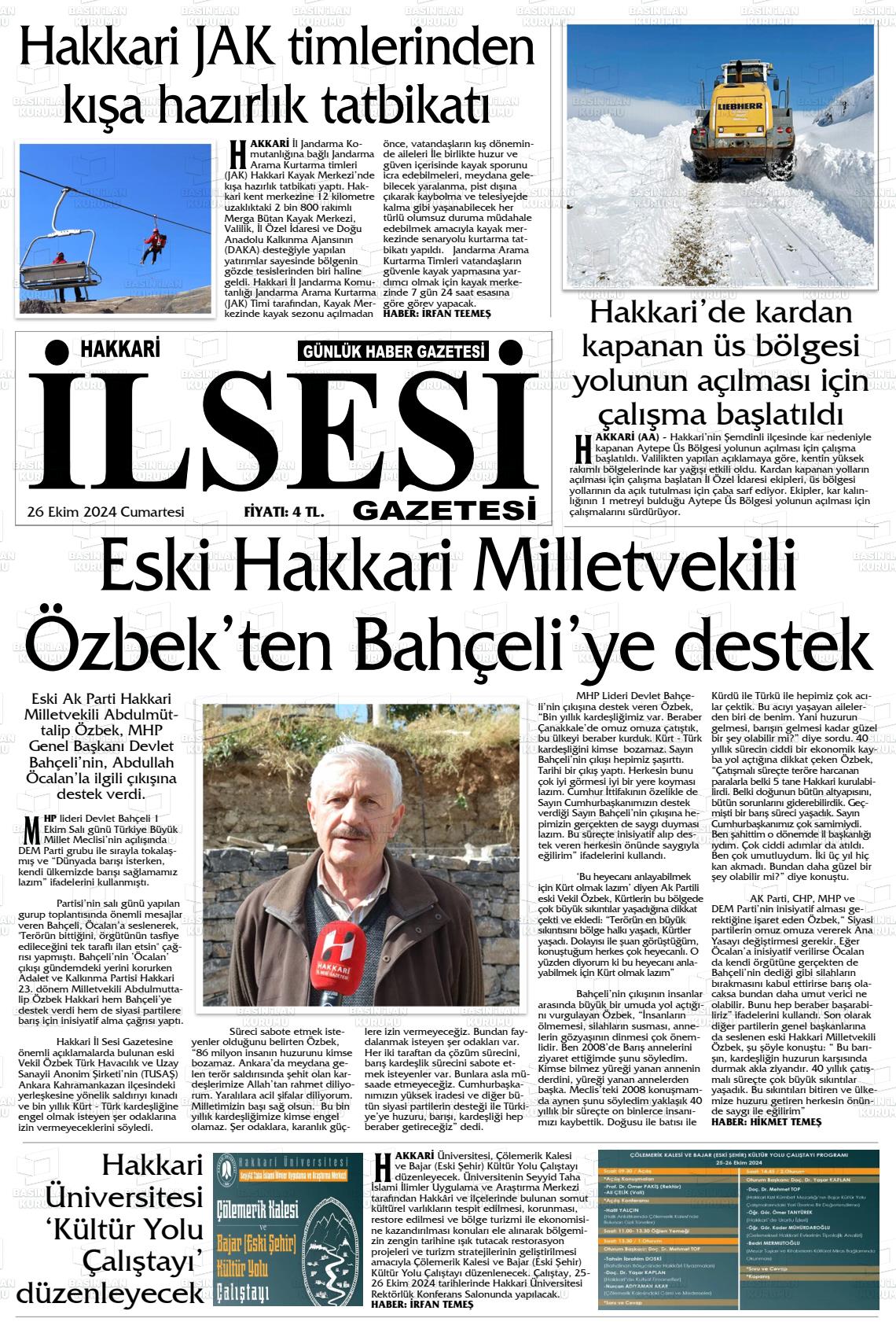 26 Ekim 2024 Hakkari İl Sesi Gazete Manşeti