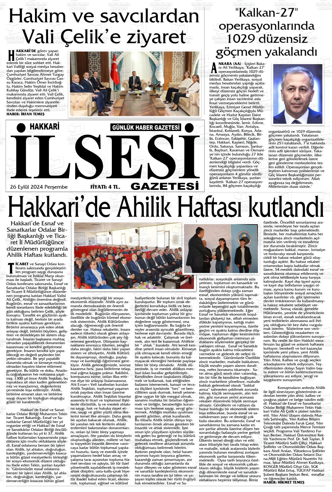 26 Eylül 2024 Hakkari İl Sesi Gazete Manşeti