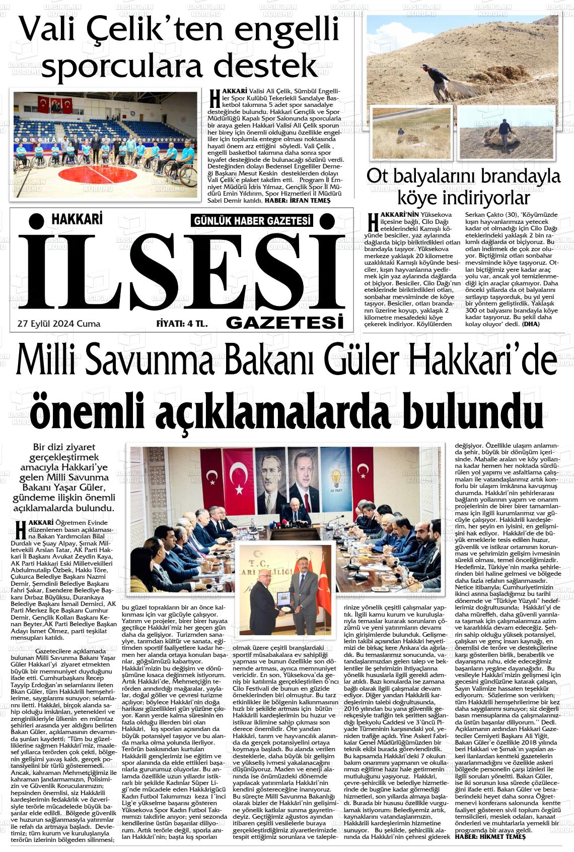 27 Eylül 2024 Hakkari İl Sesi Gazete Manşeti