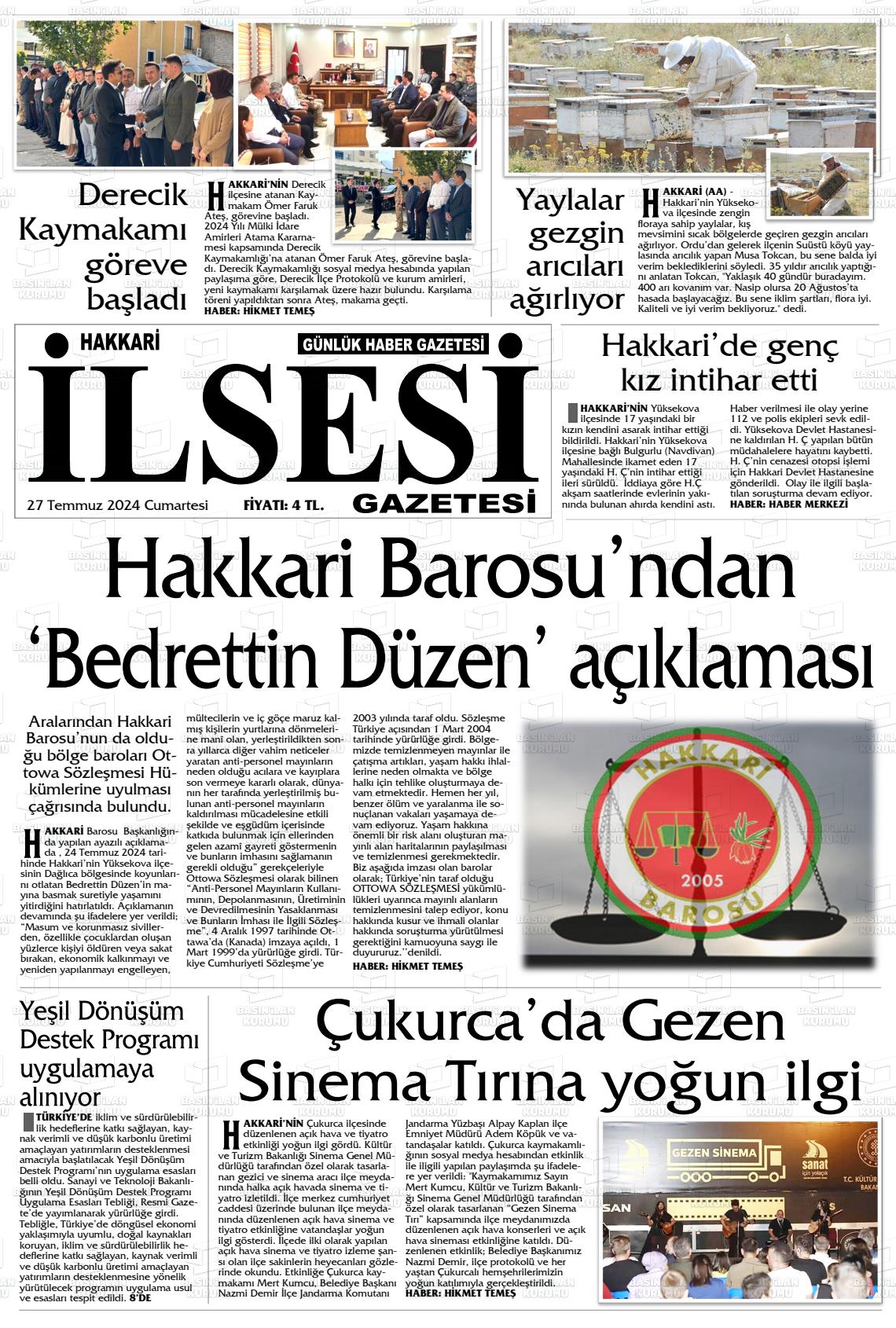 27 Temmuz 2024 Hakkari İl Sesi Gazete Manşeti