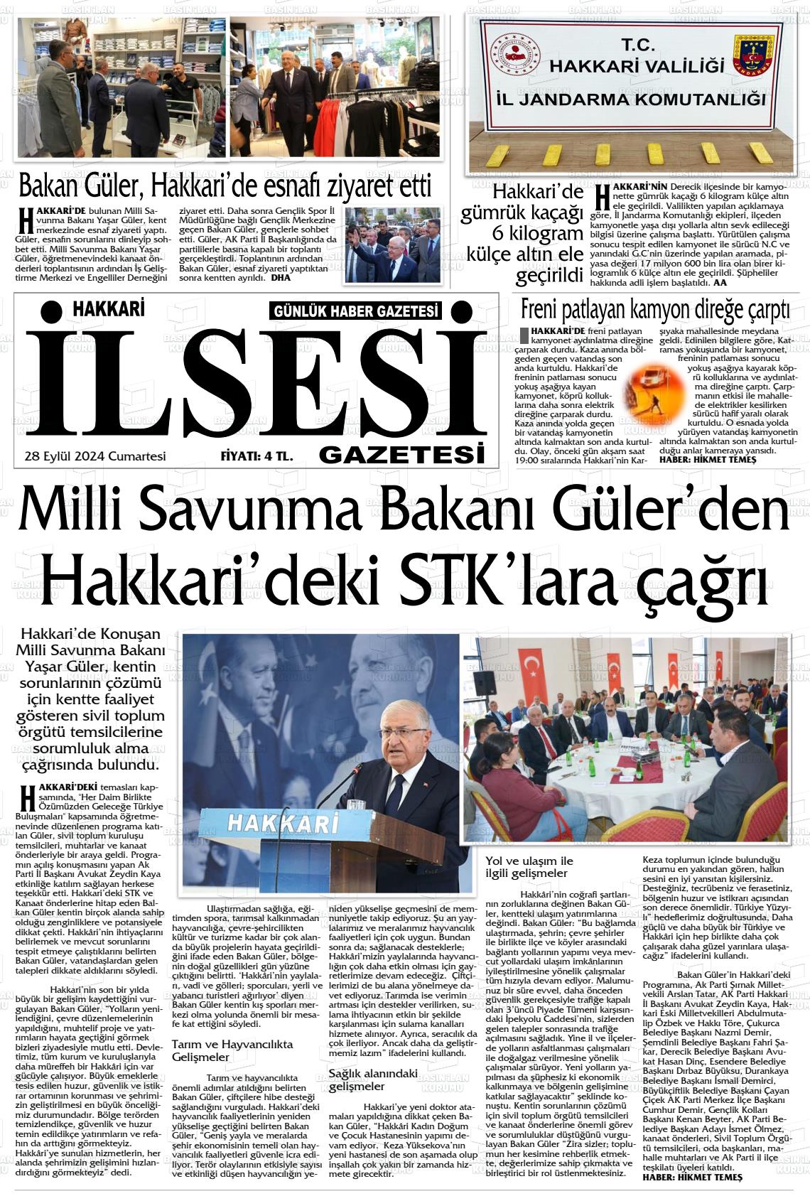 28 Eylül 2024 Hakkari İl Sesi Gazete Manşeti